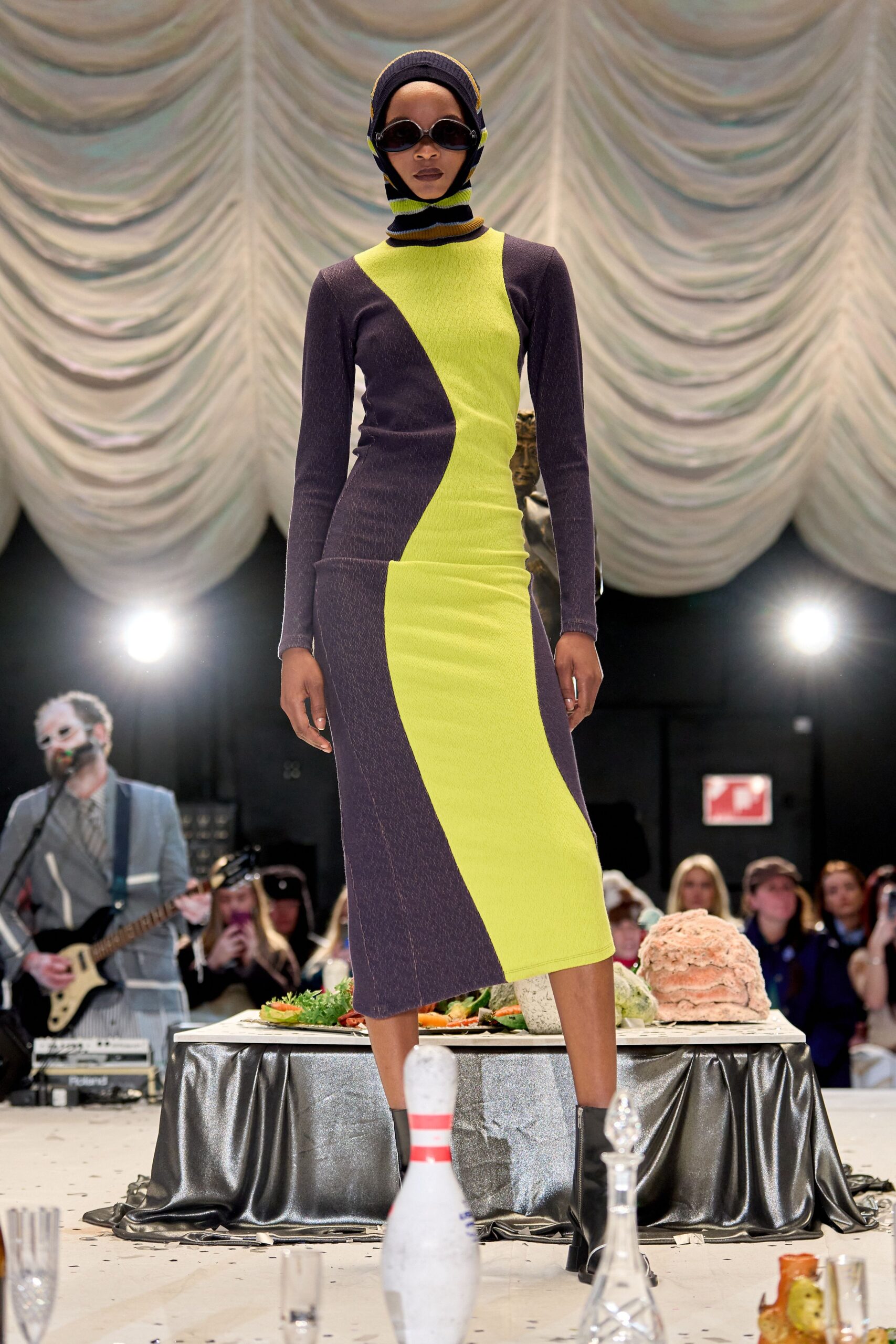 purple cotton long-sleeve high-neck fitted color-blocked midi dress