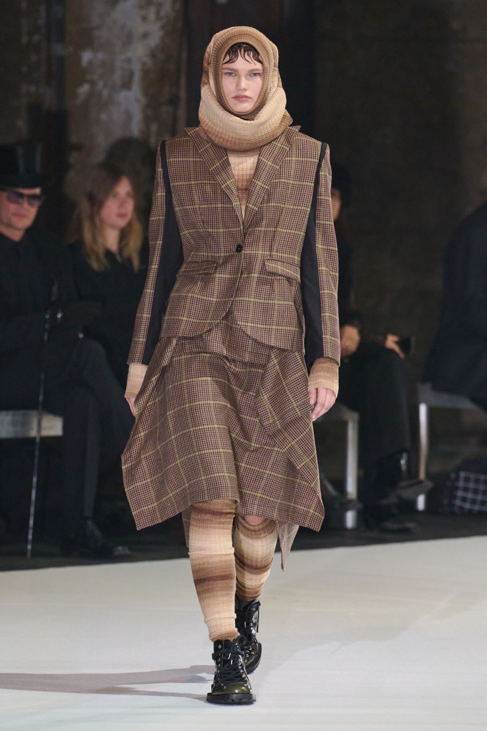 brown wool asymmetric fitted midi skirt