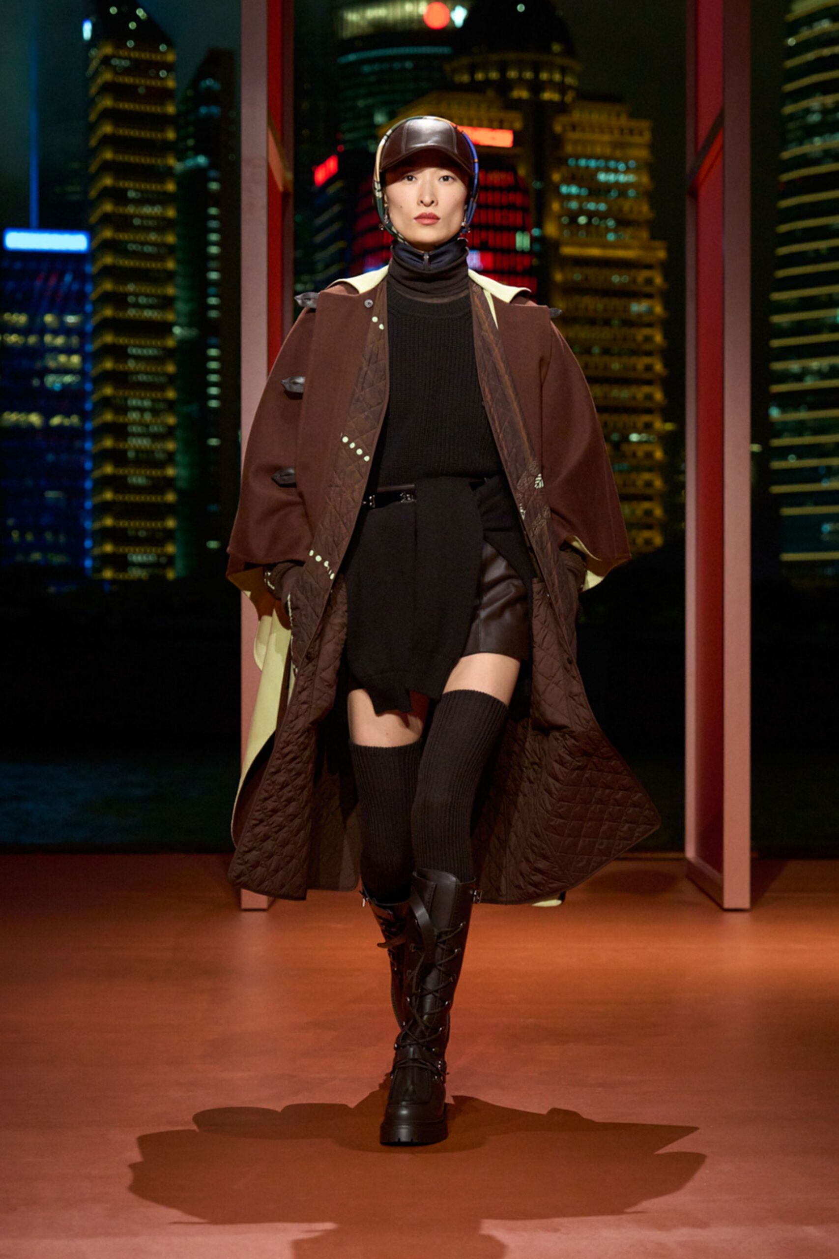 brown wool long-sleeve collared oversized buttoned quilted coat