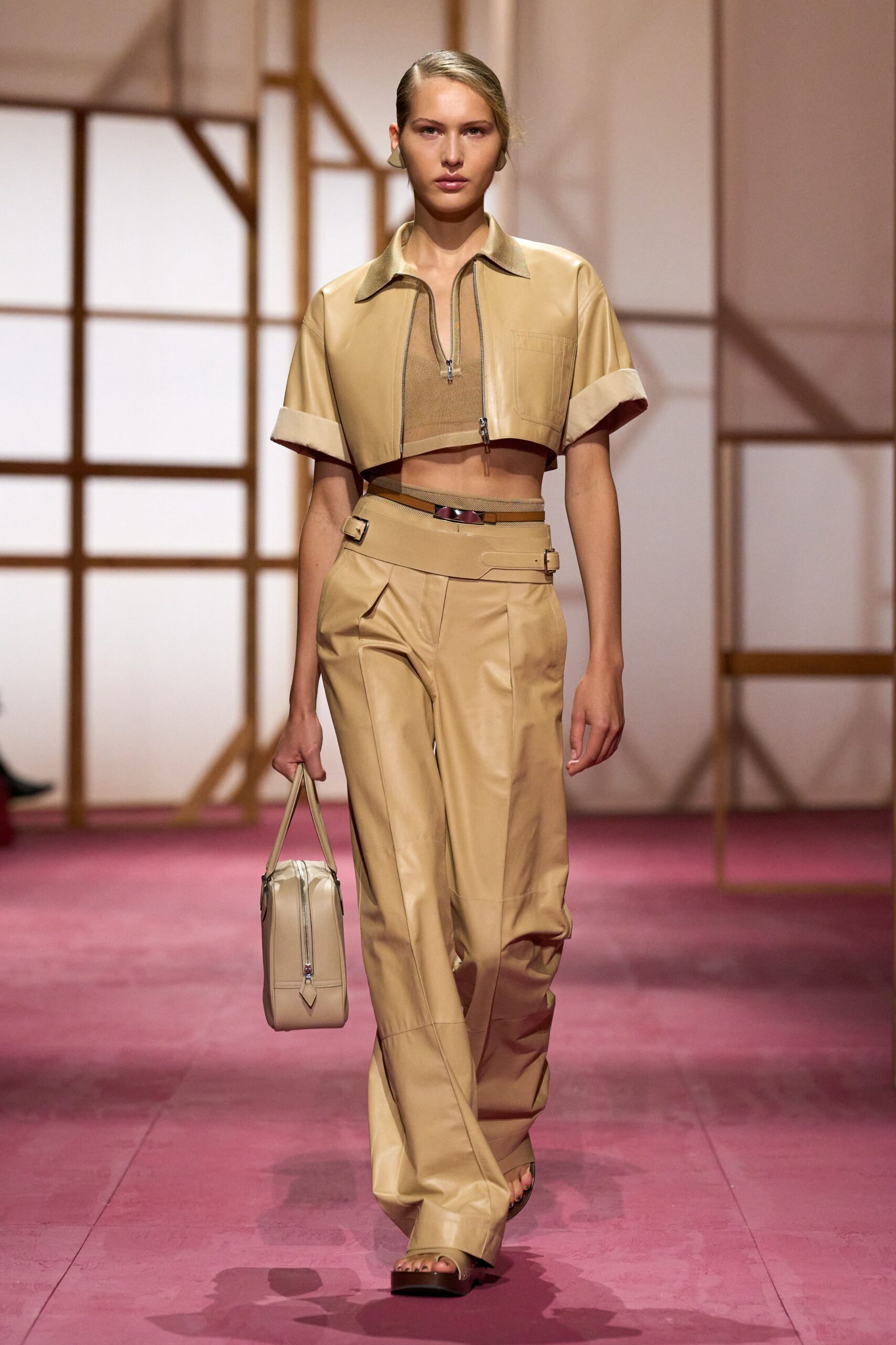 beige leather relaxed wide-leg pants