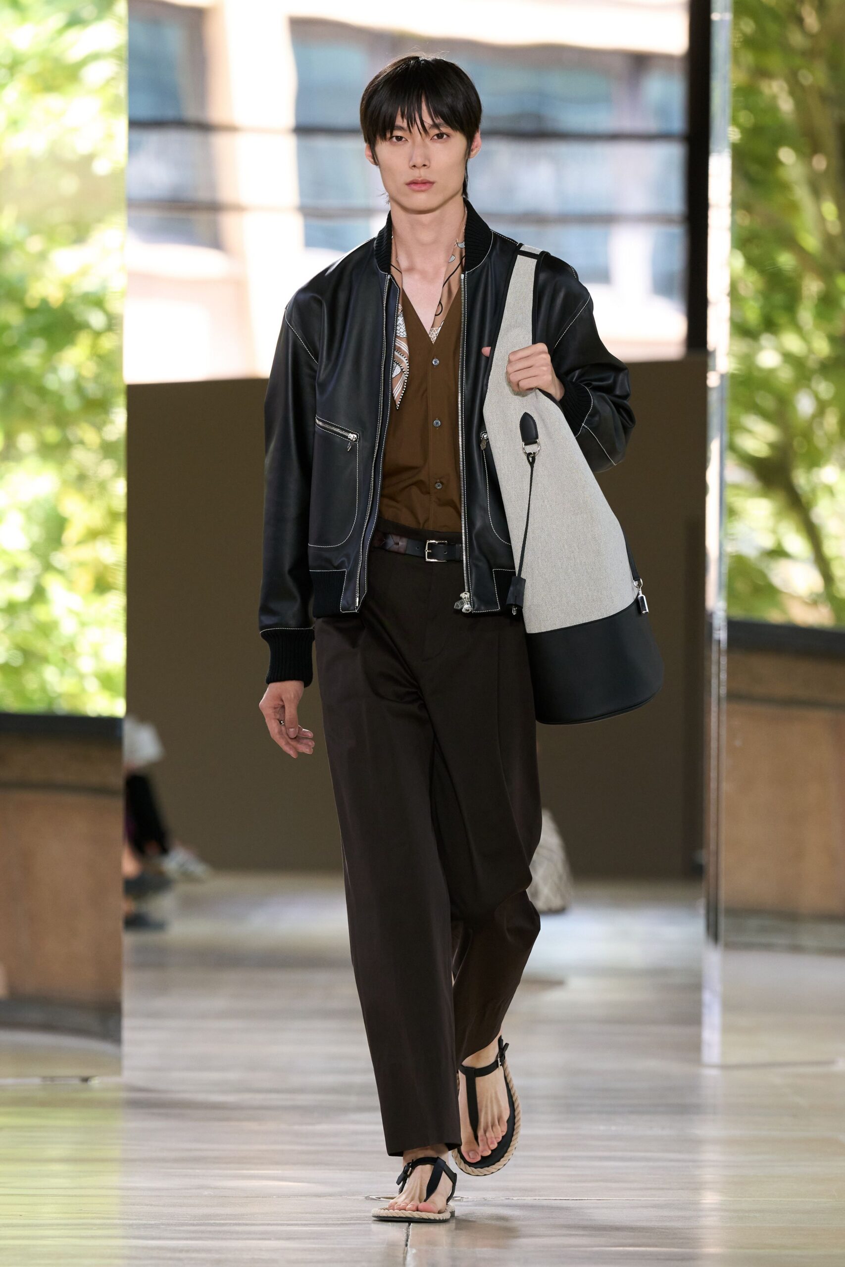 black leather jacket with brown shirt