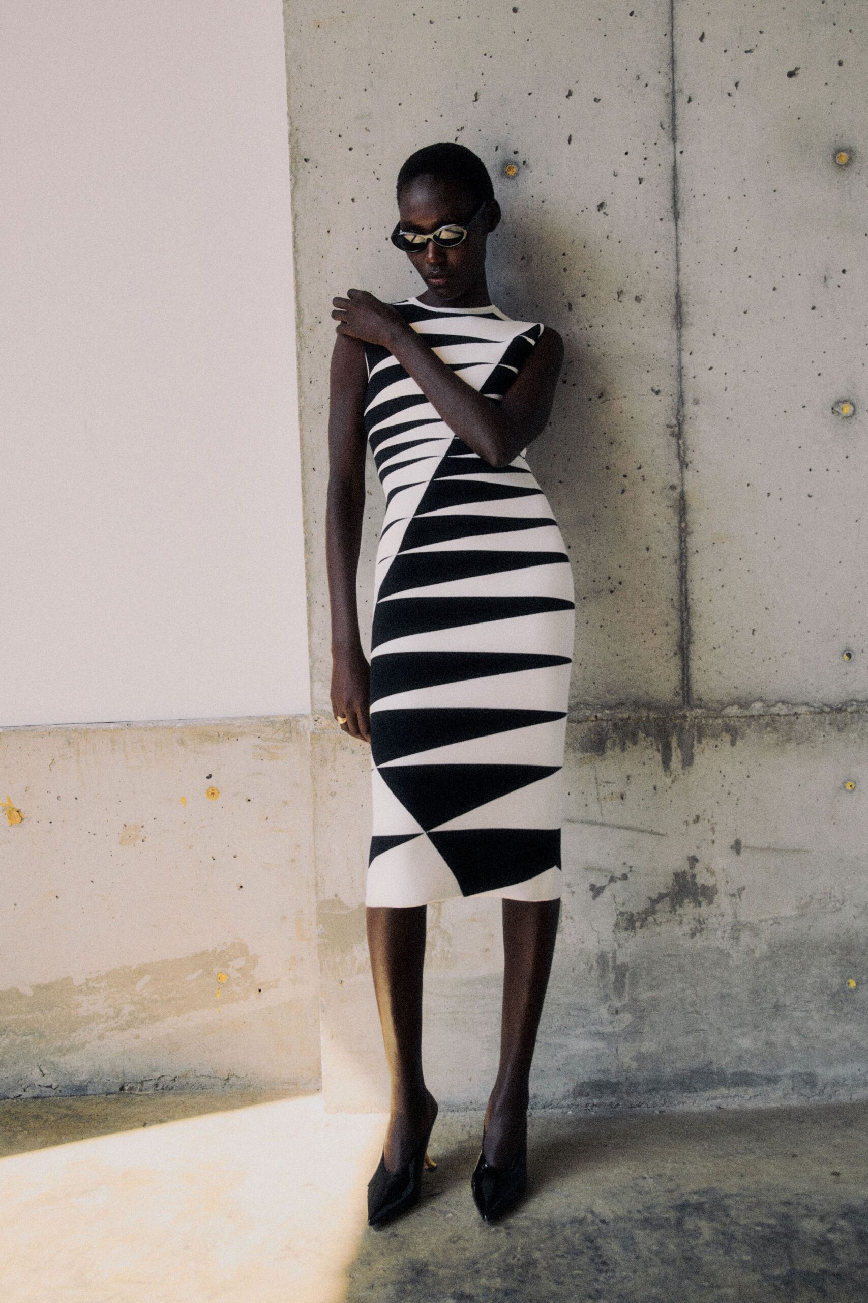 black and white striped midi dress