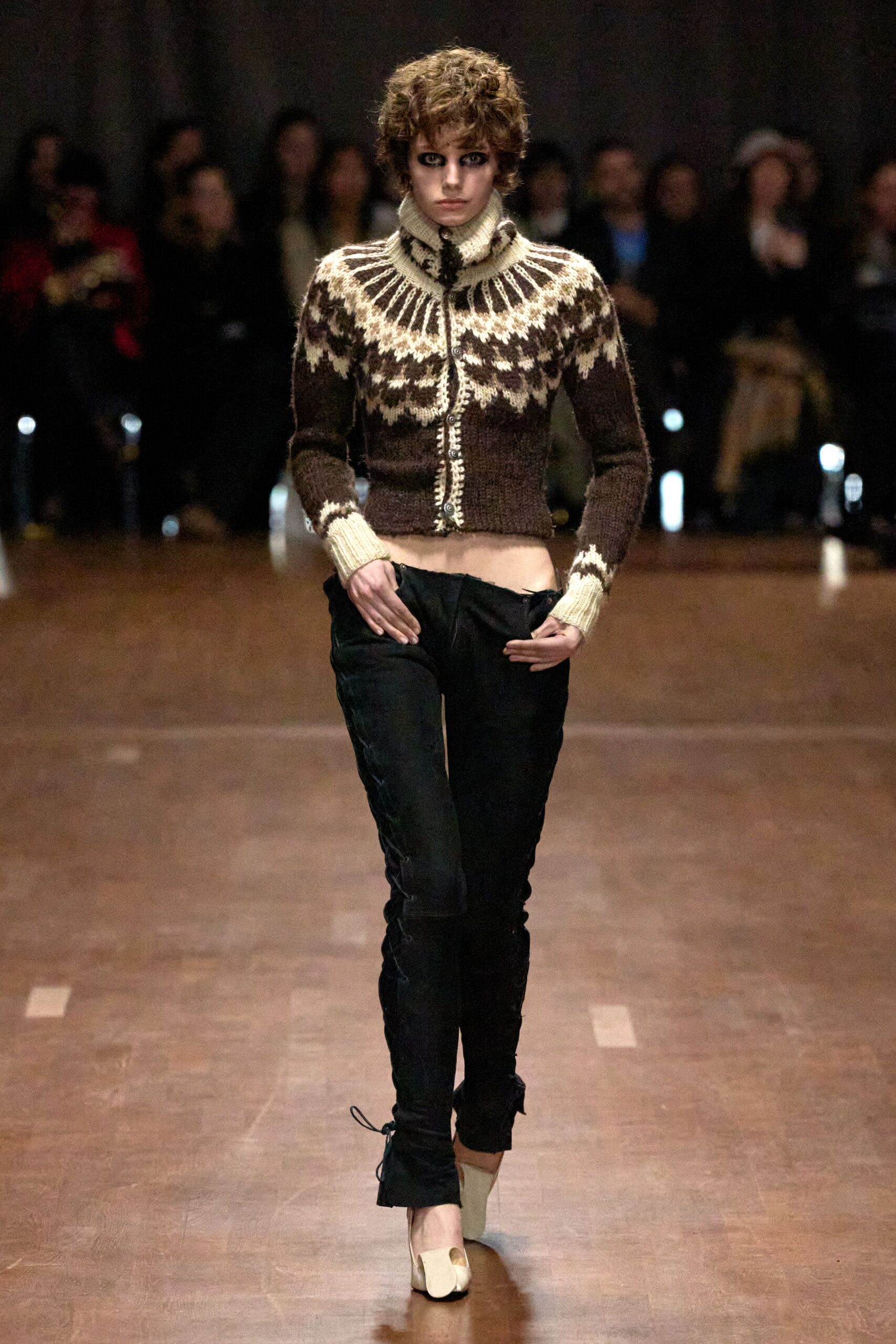 brown ivory fitted sweater with black pants