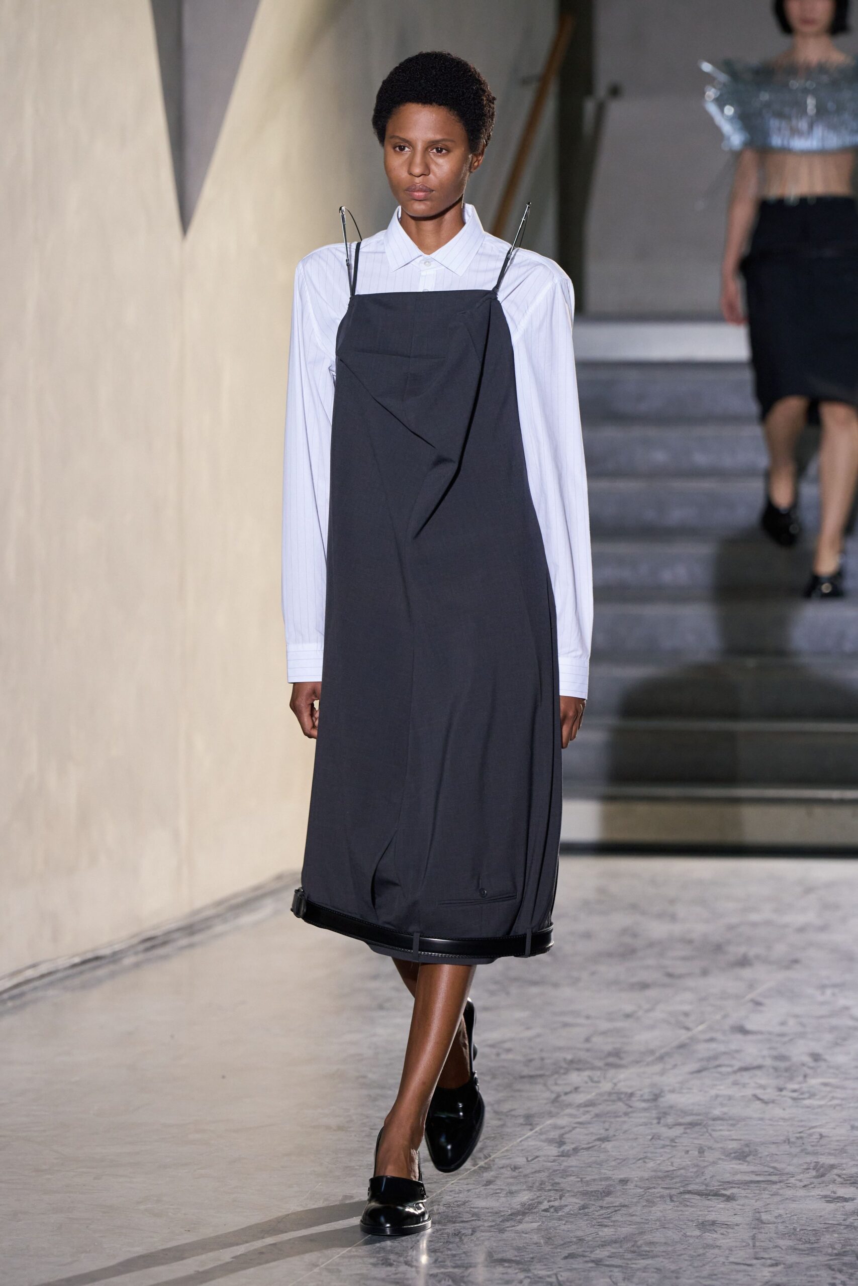 black midi dress with white shirt