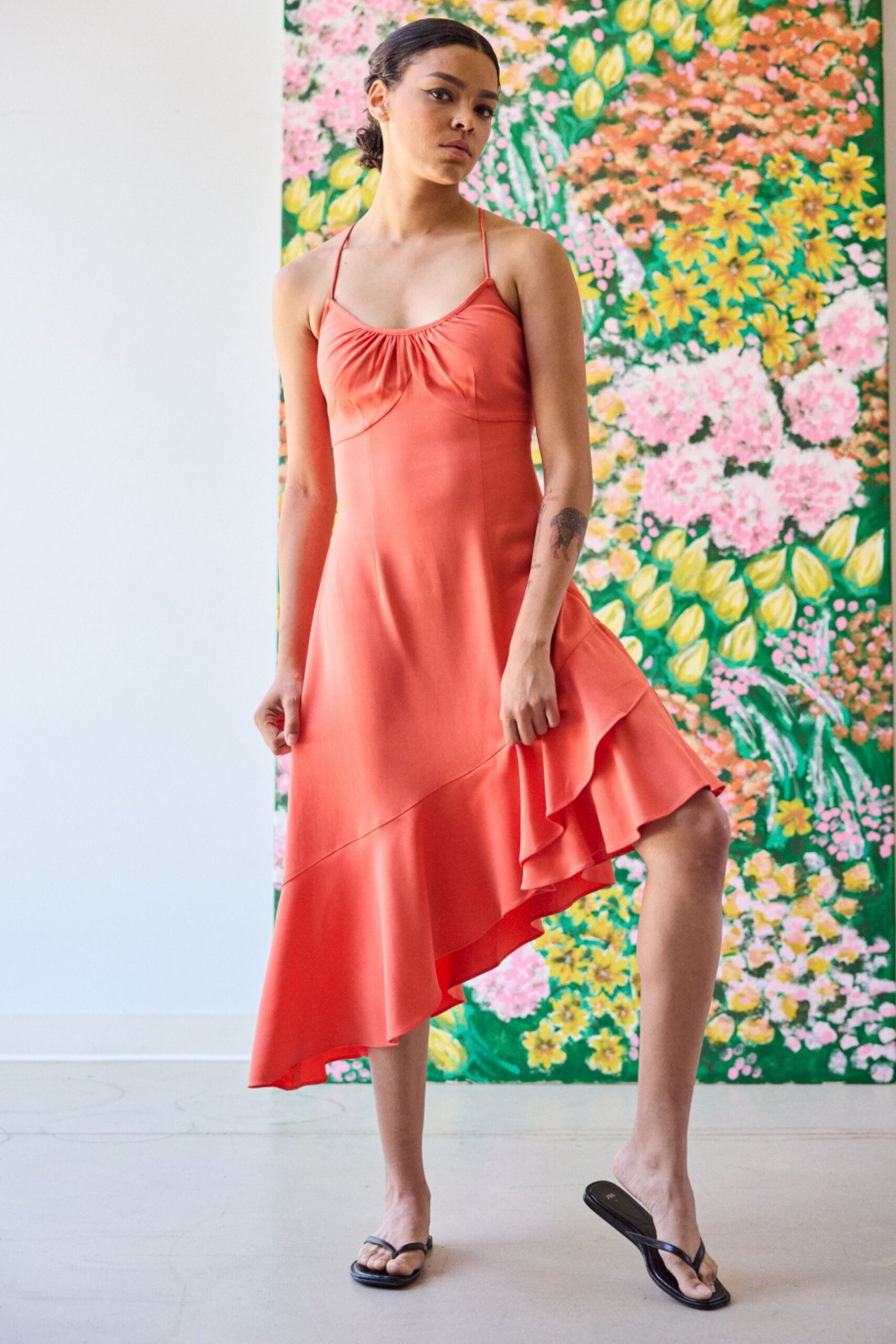 orange silk sleeveless v-neck fitted ruffled midi dress
