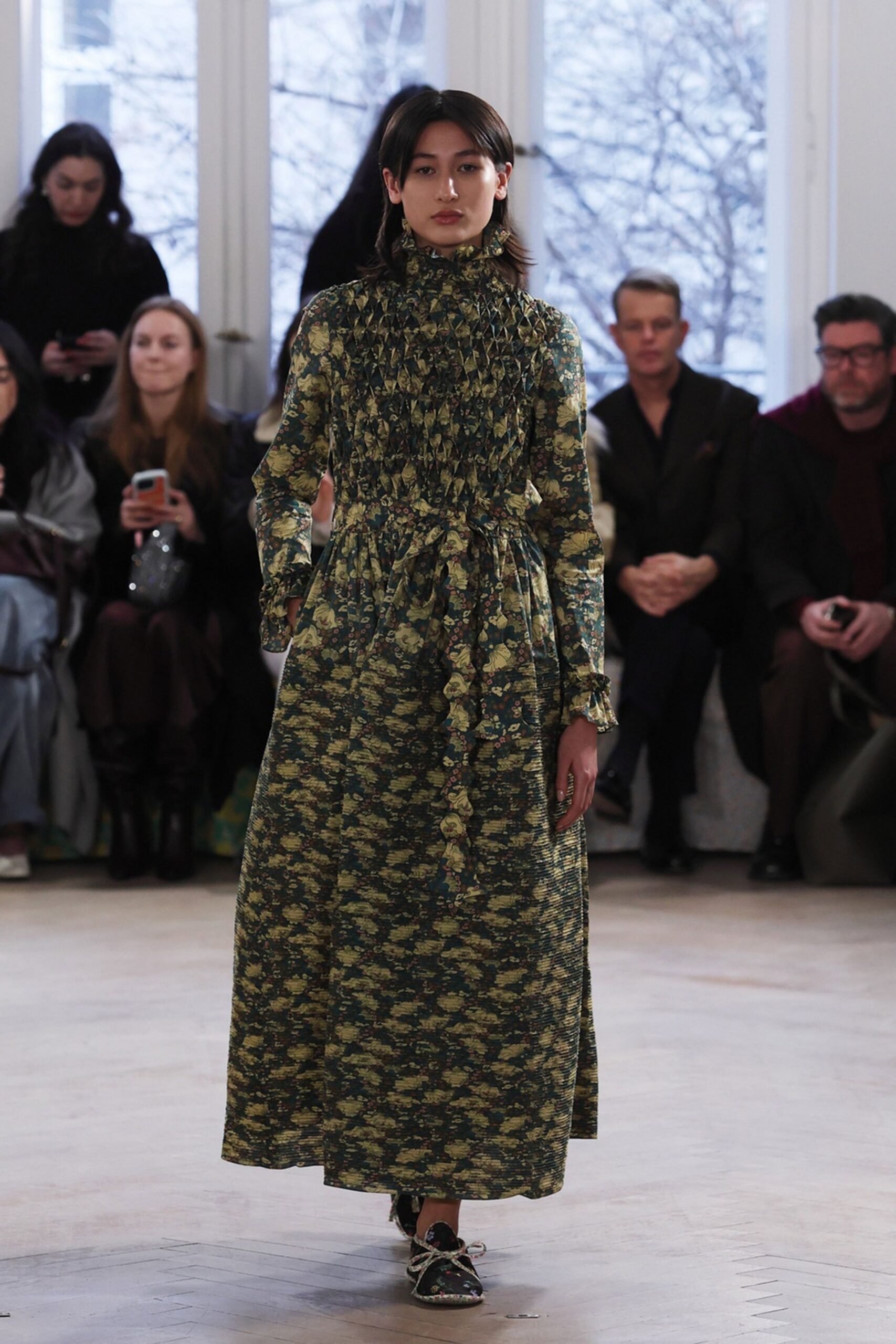 green cotton long-sleeve high-neck fitted floral tiered dress