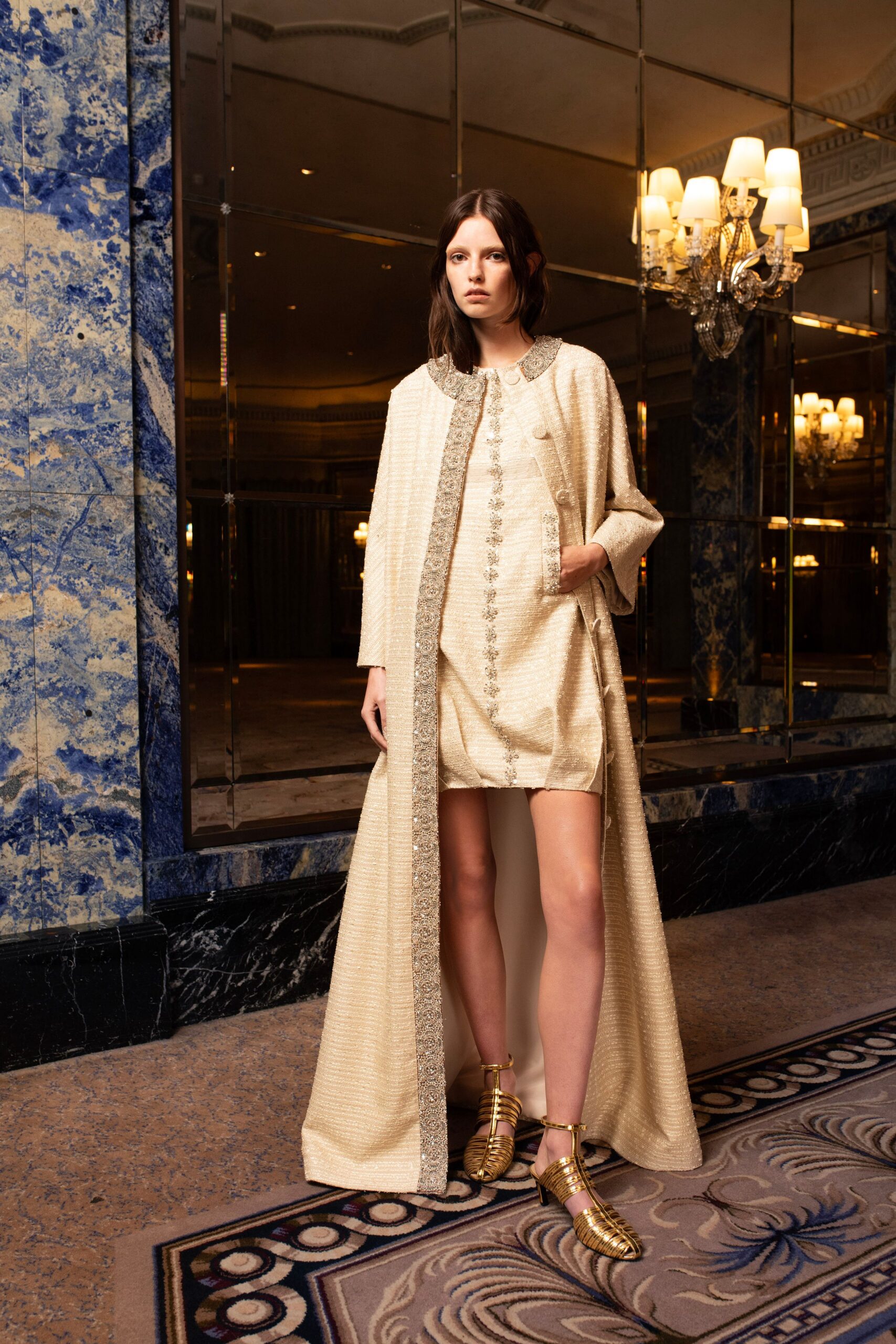 beige tweed coat with ivory romper
