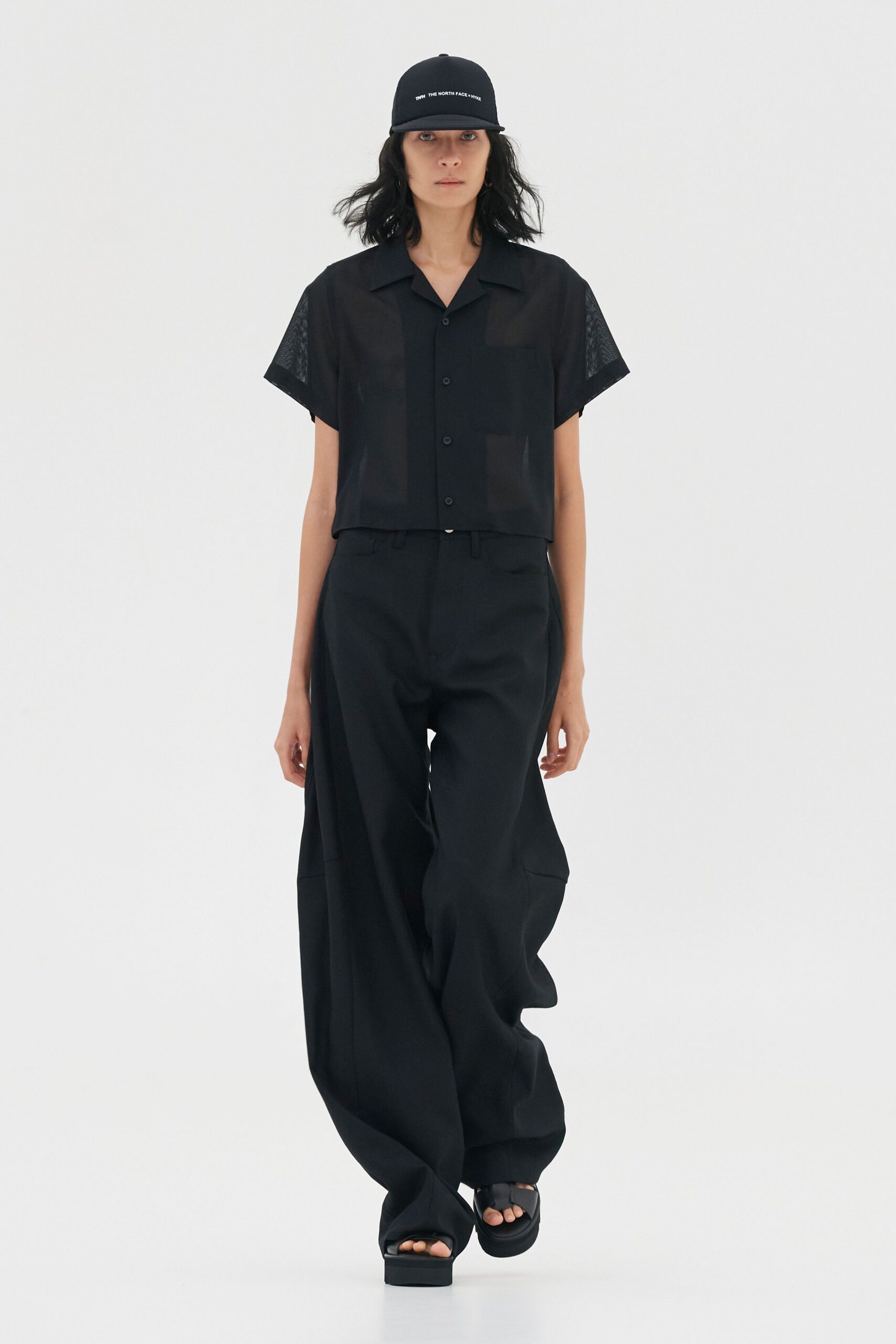 black cotton short-sleeve collared relaxed sheer shirt