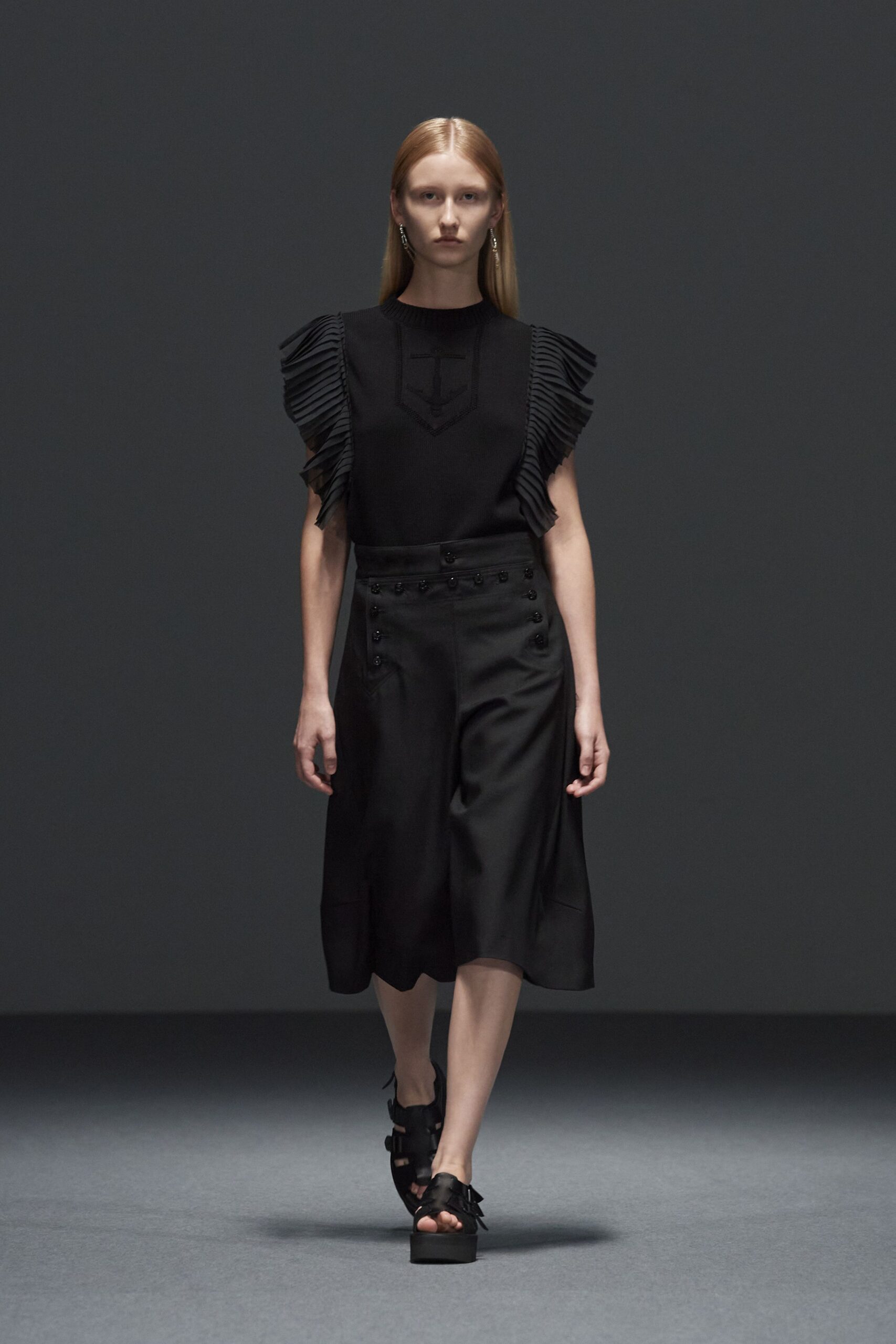 black cotton fitted high-waisted buttoned a-line midi skirt