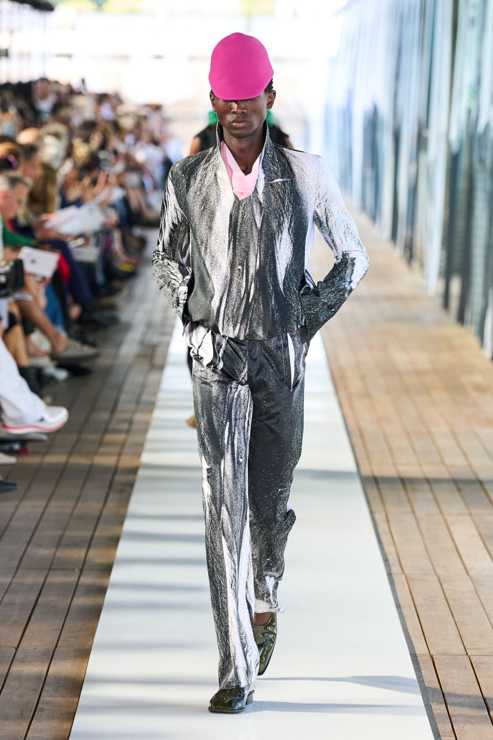 gray metallic long-sleeve collared fitted zippered shiny suit