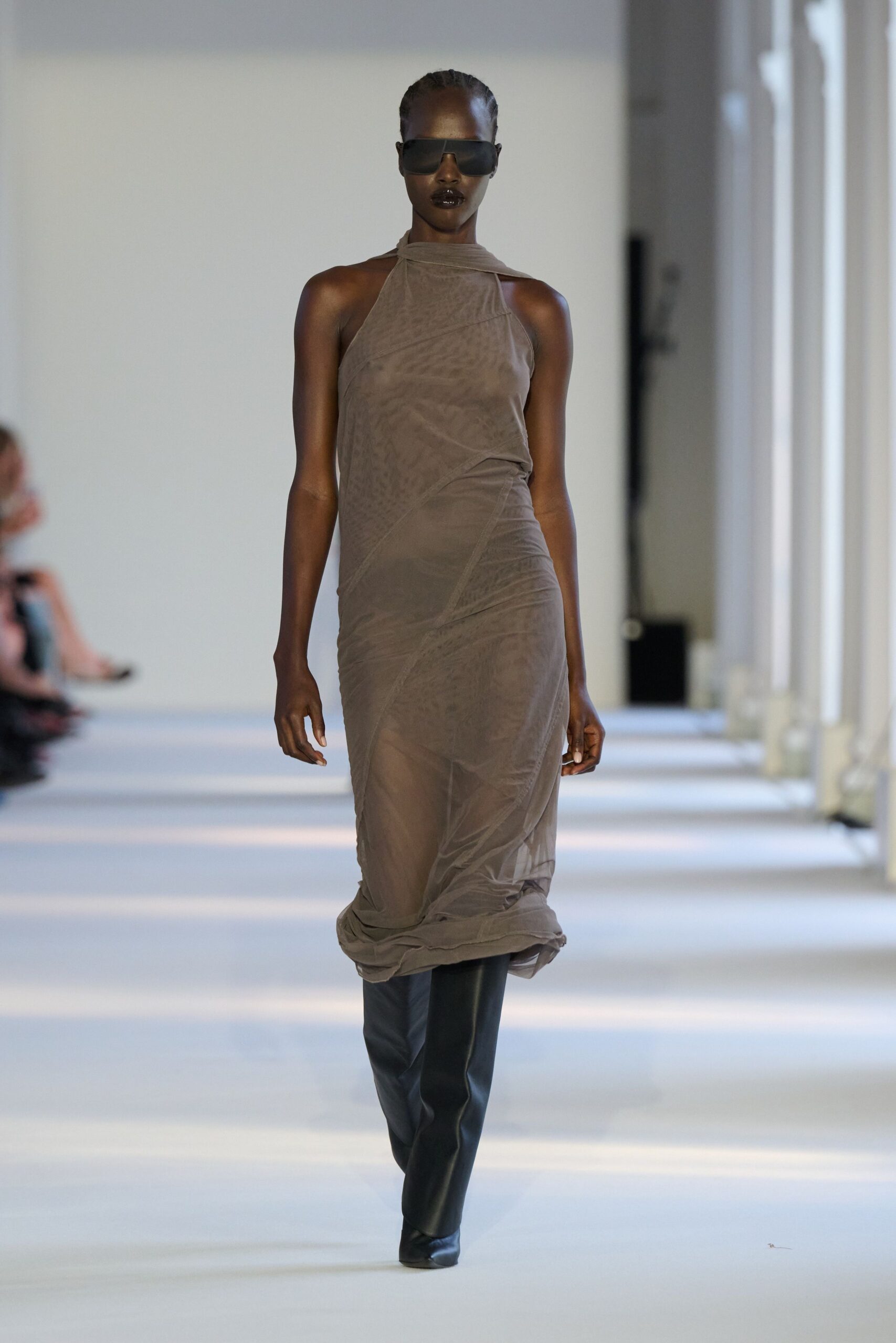 brown silk sleeveless high-neck fitted draped dress
