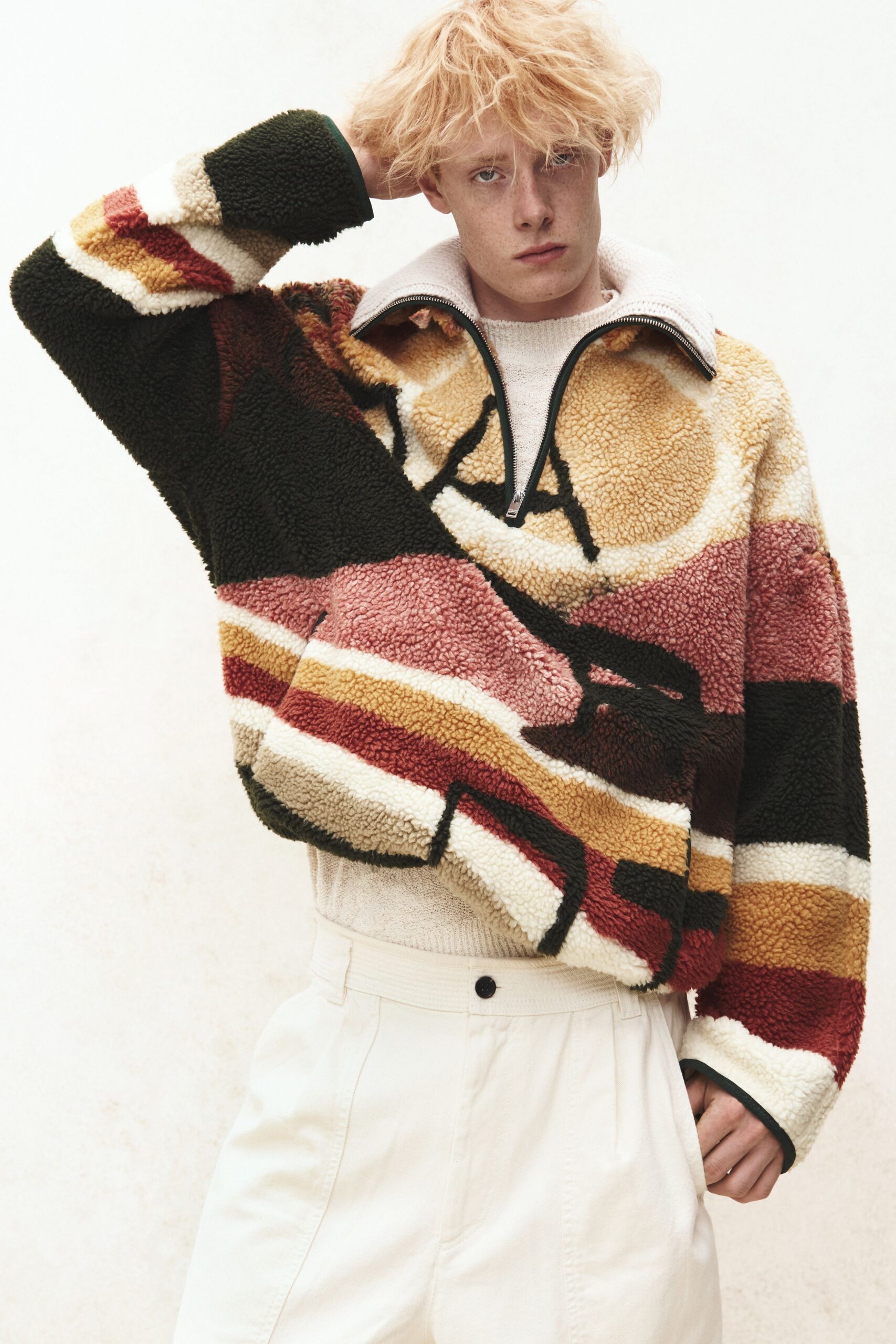 multi-colored faux-fur jacket