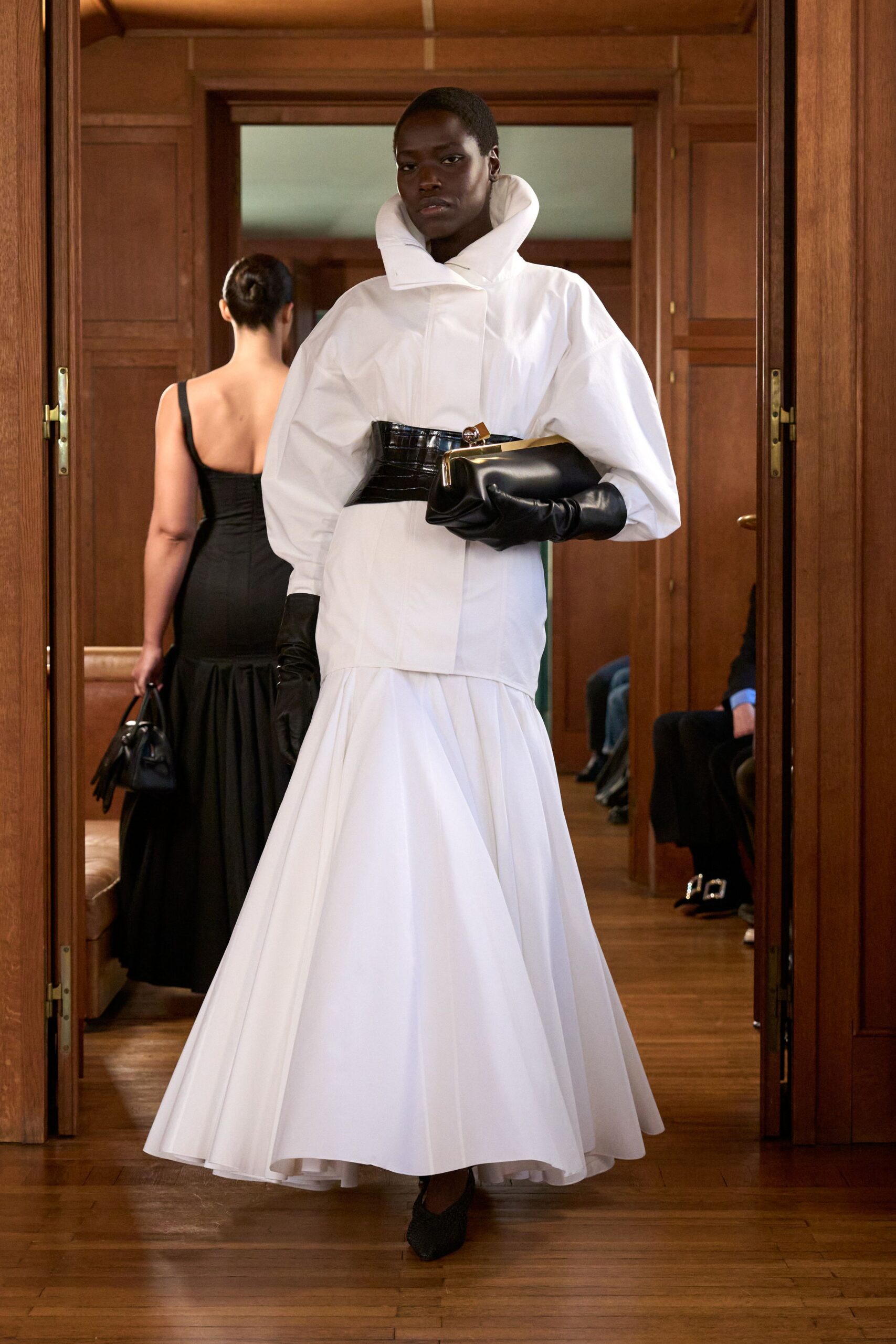 white cotton long-sleeve high-neck fitted pleated flared gown