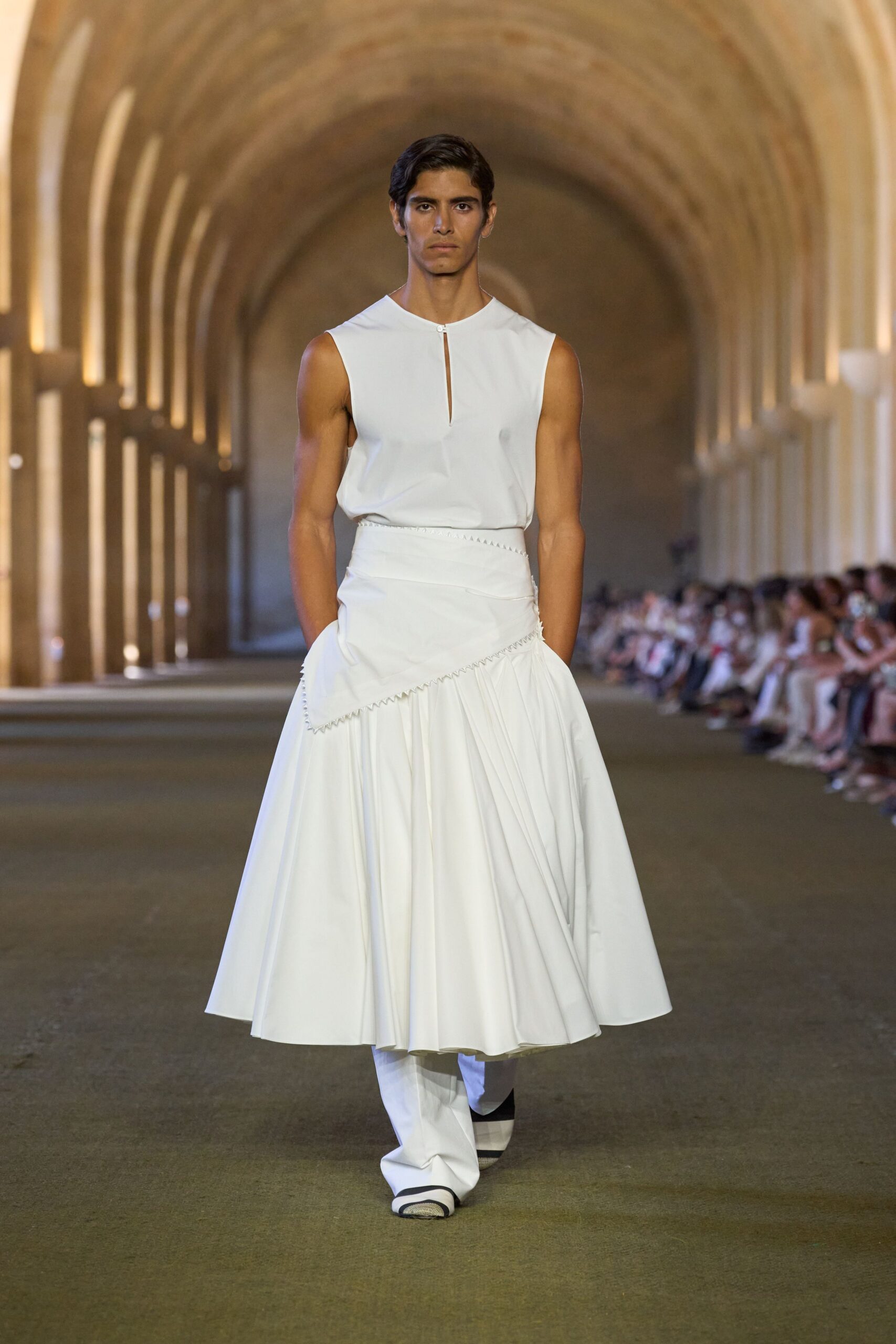 white cotton asymmetric fitted pleated midi skirt