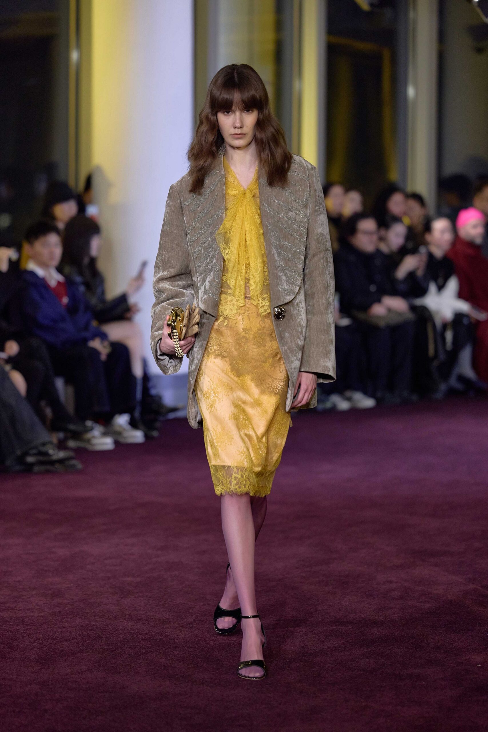 gray coat yellow dress