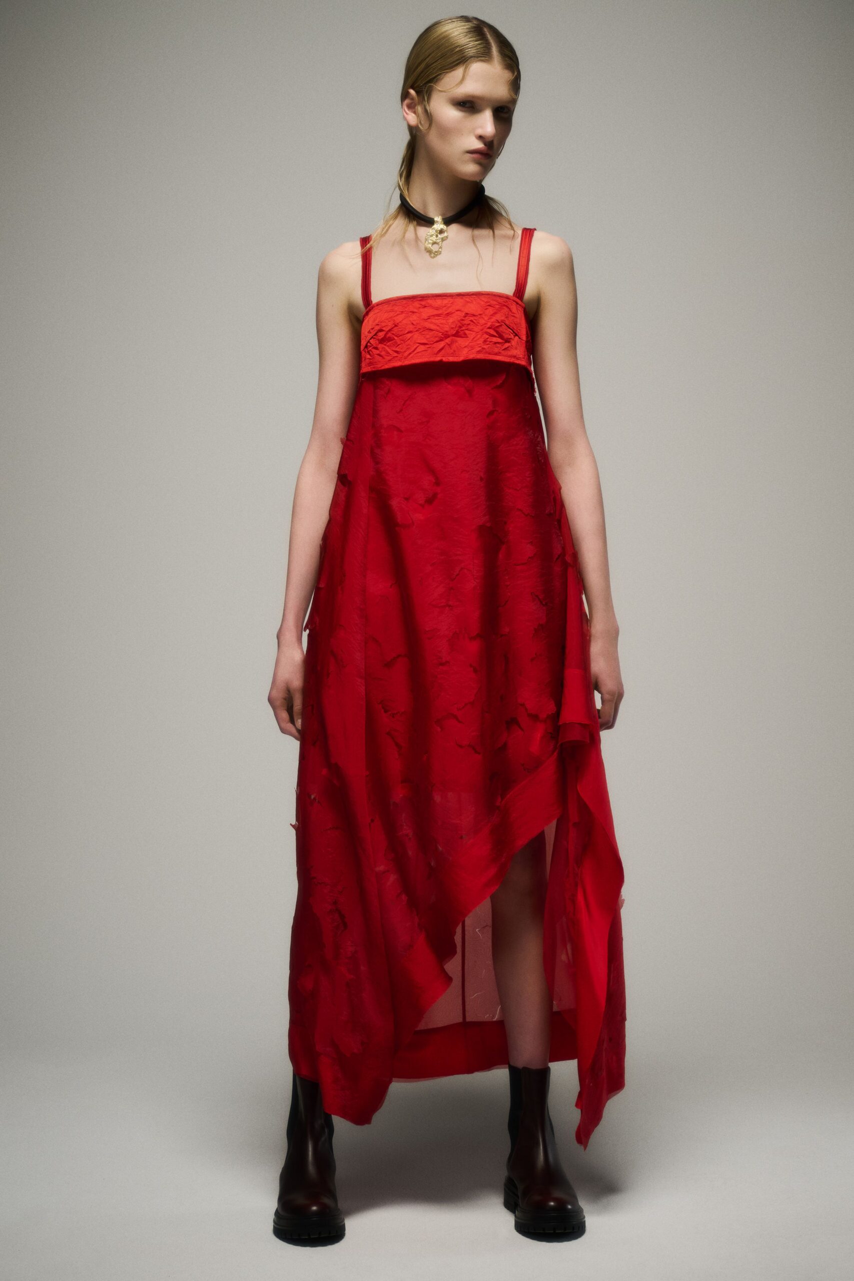 red silk sleeveless high-neck fitted draped maxi dress