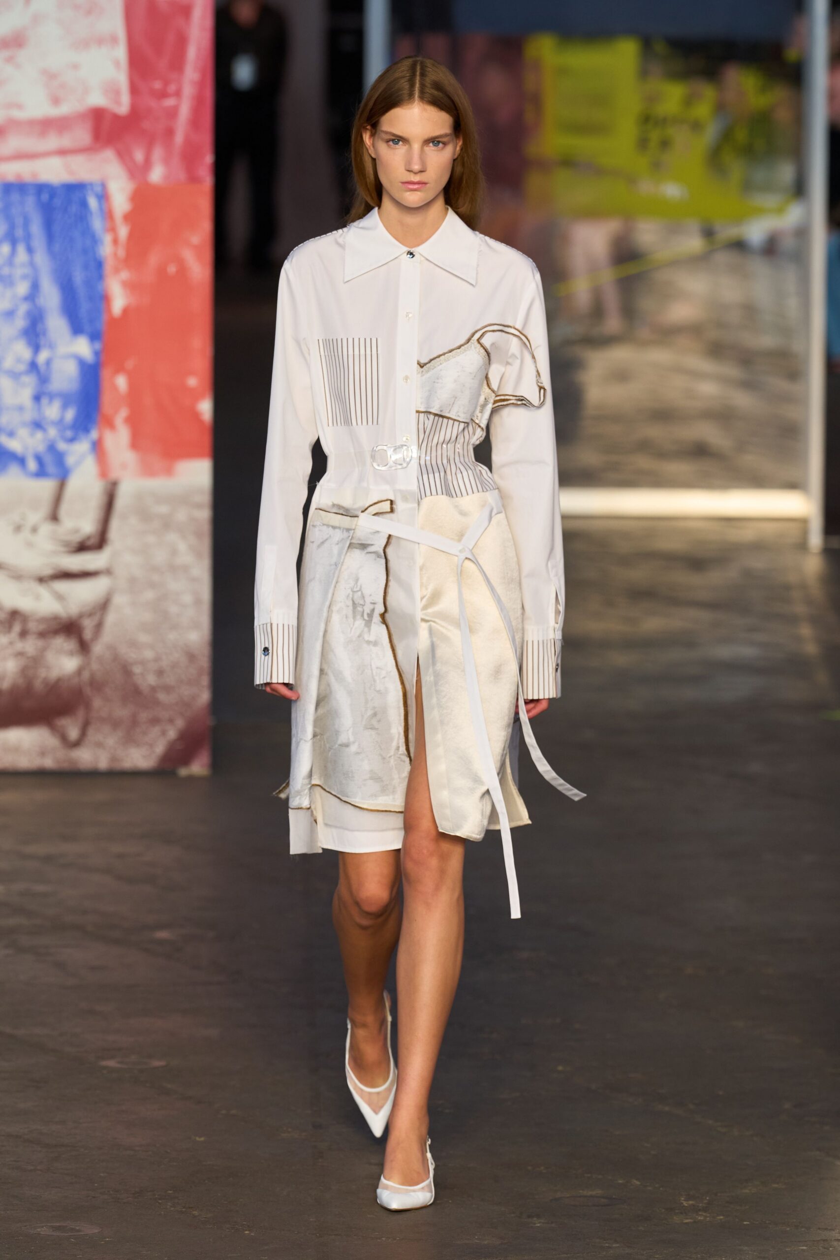 white fitted shirt-dress with pleats