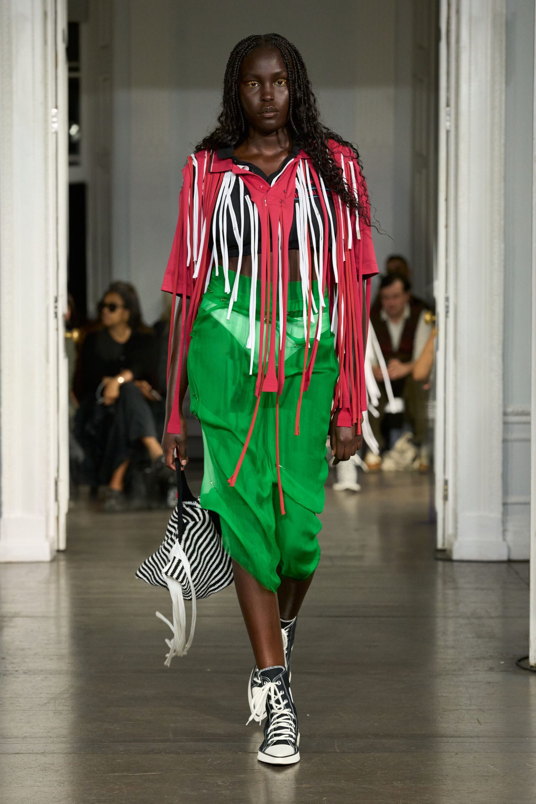 red fringed top green pencil skirt