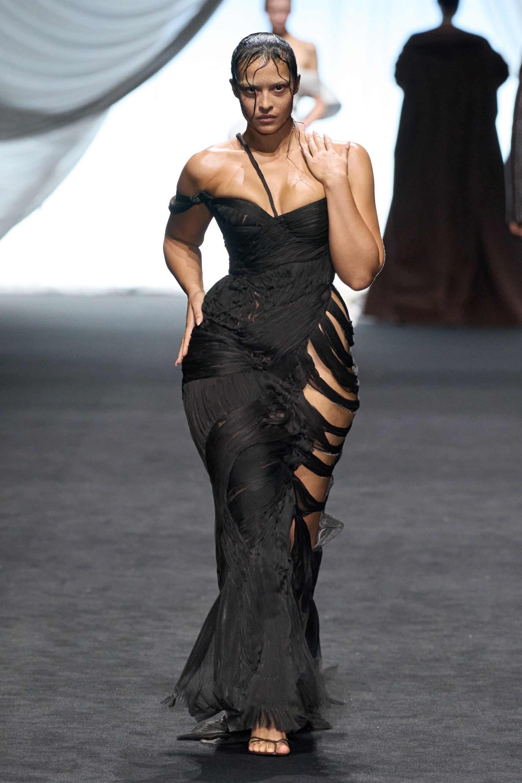 black silk fitted gown with slit