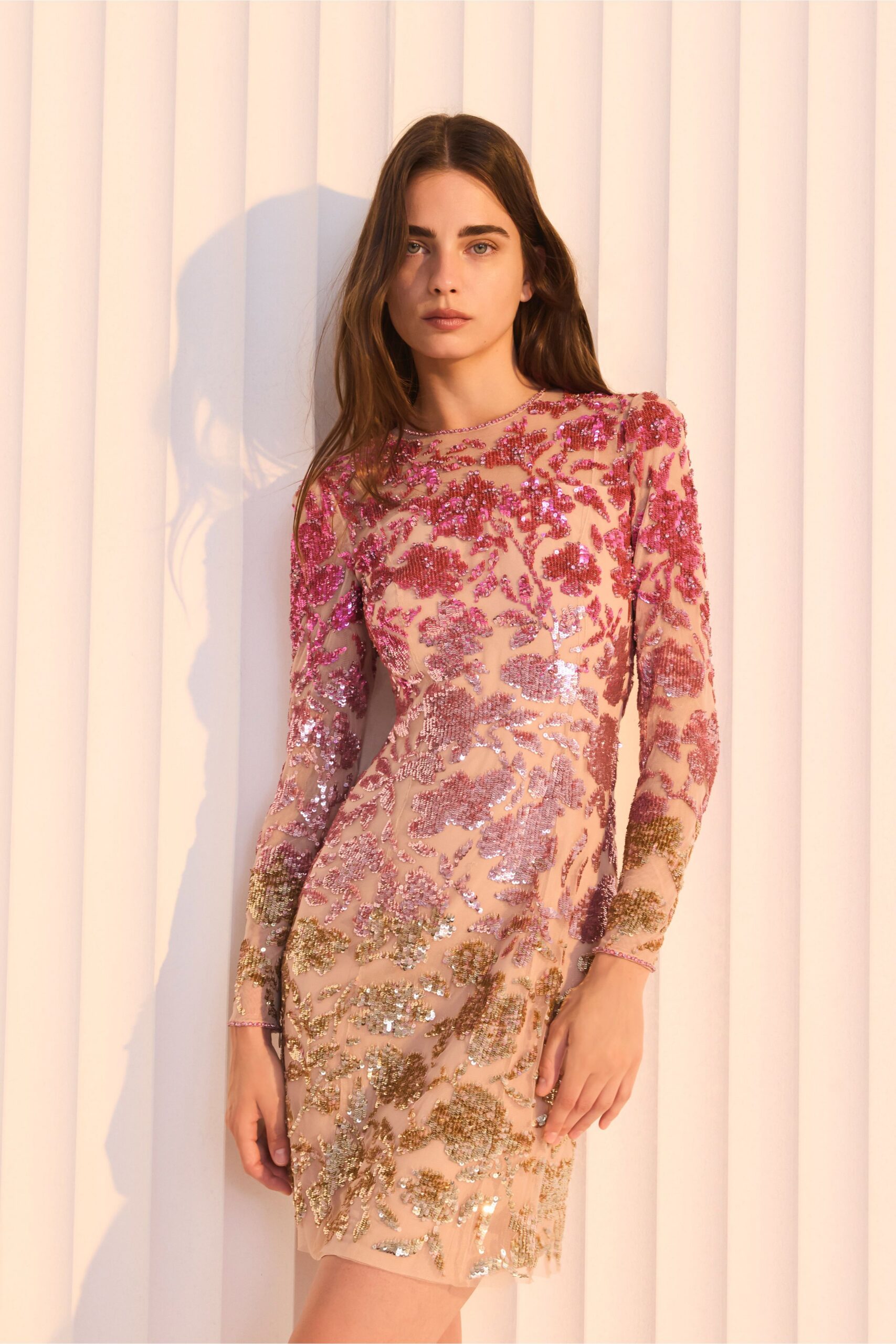 pink sequin embroidered mini dress