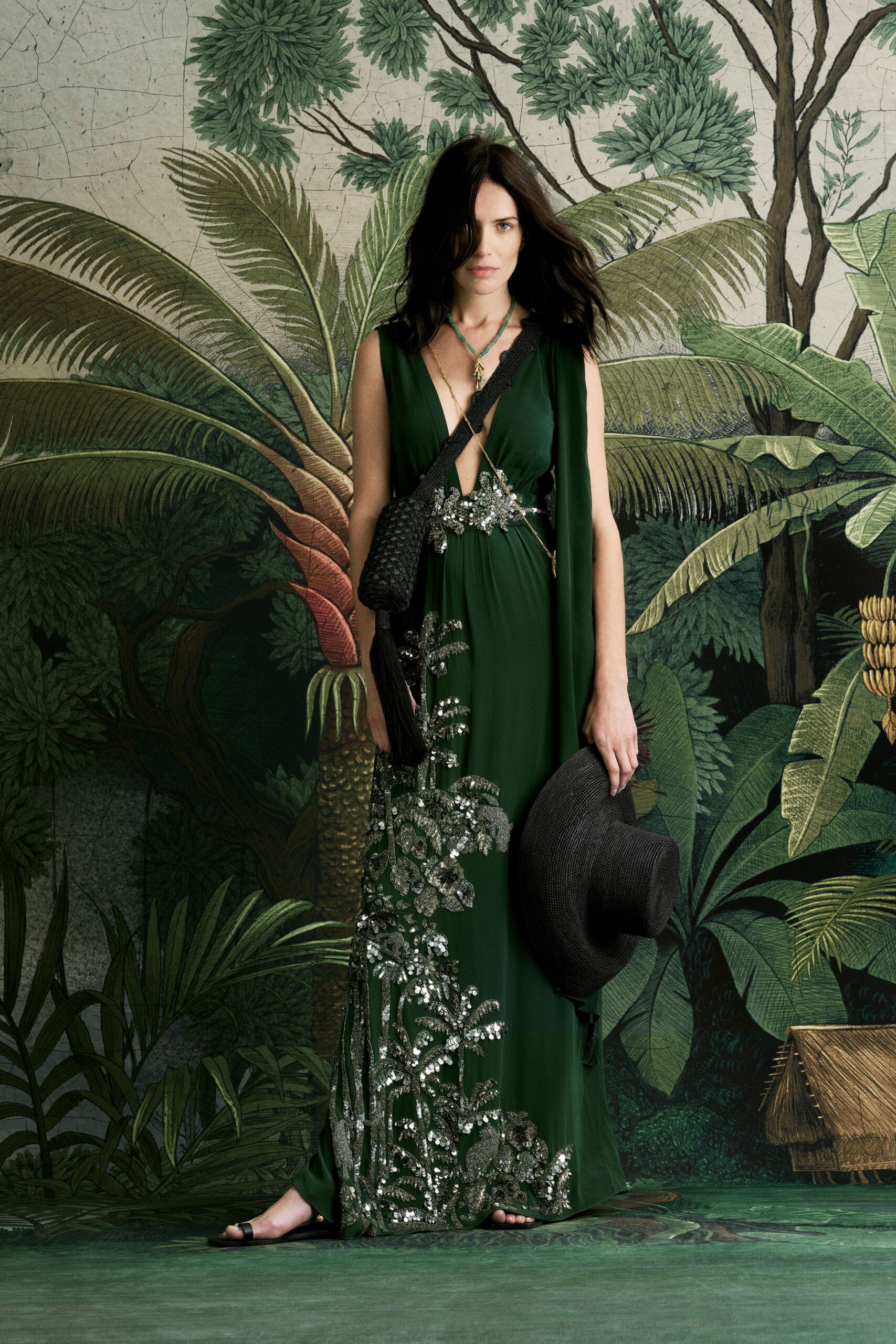 green silk sleeveless v-neck fitted embroidered flowing gown