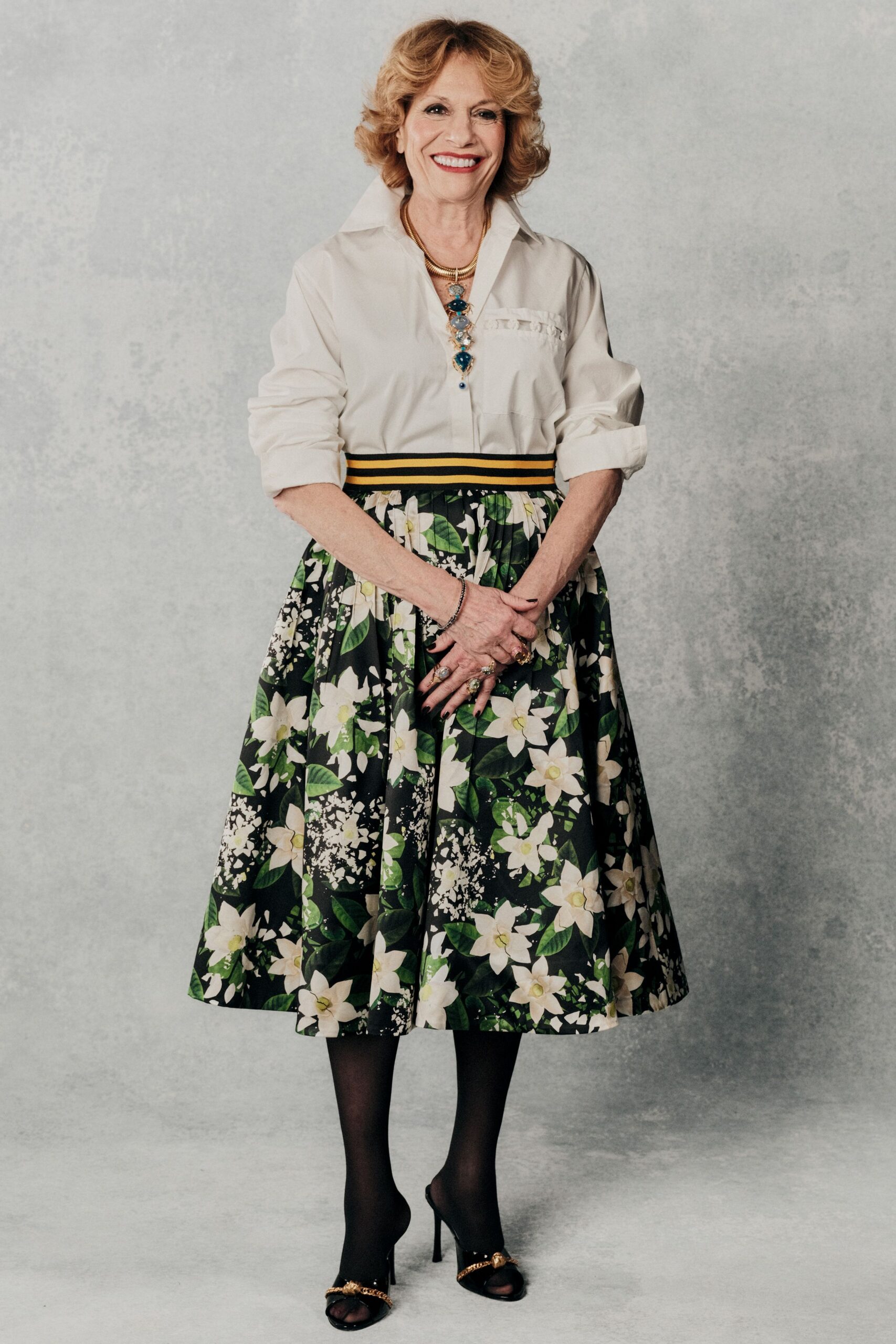 green cotton fitted flared printed midi skirt
