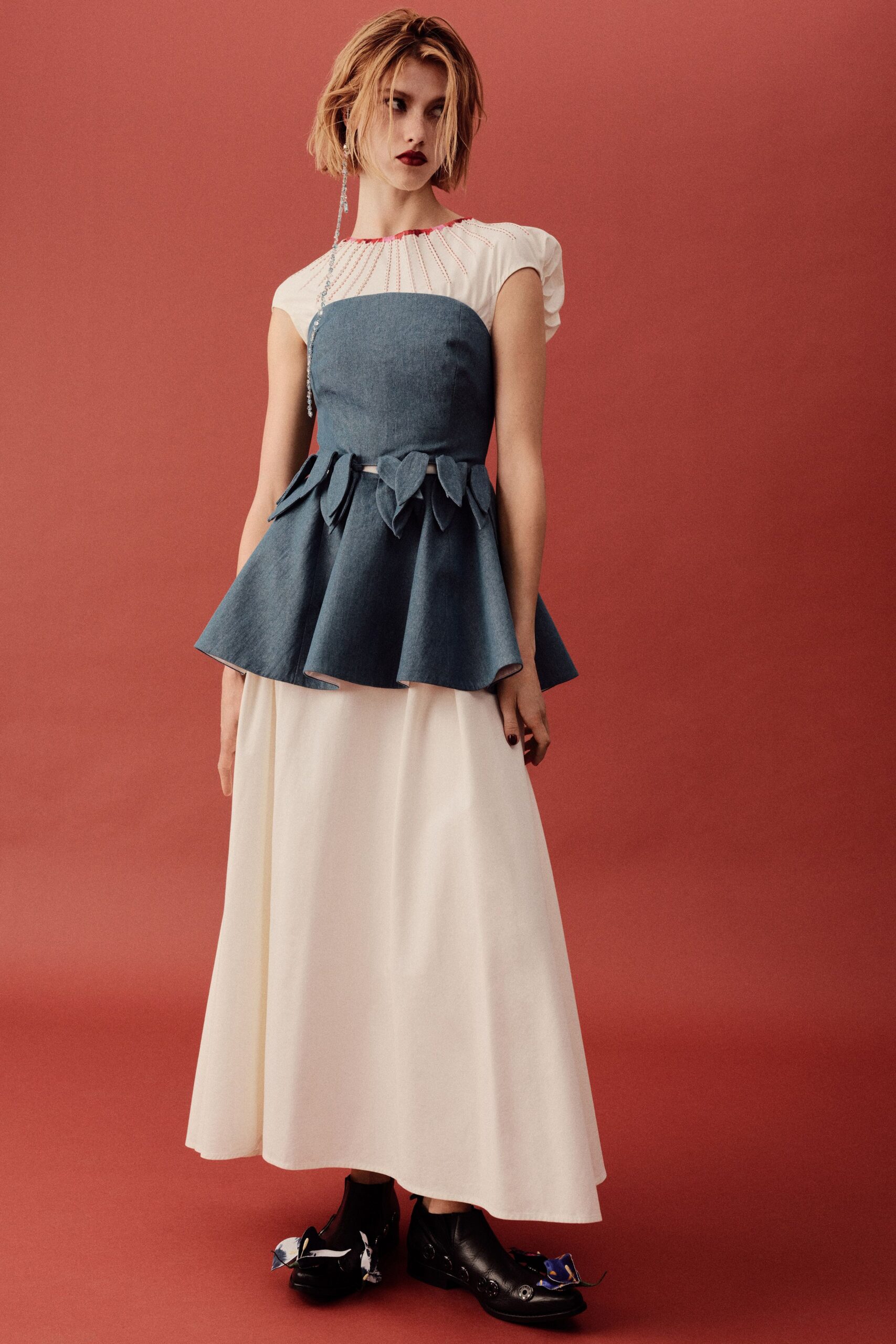 blue cotton short-sleeve square-neck fitted pleated layered dress