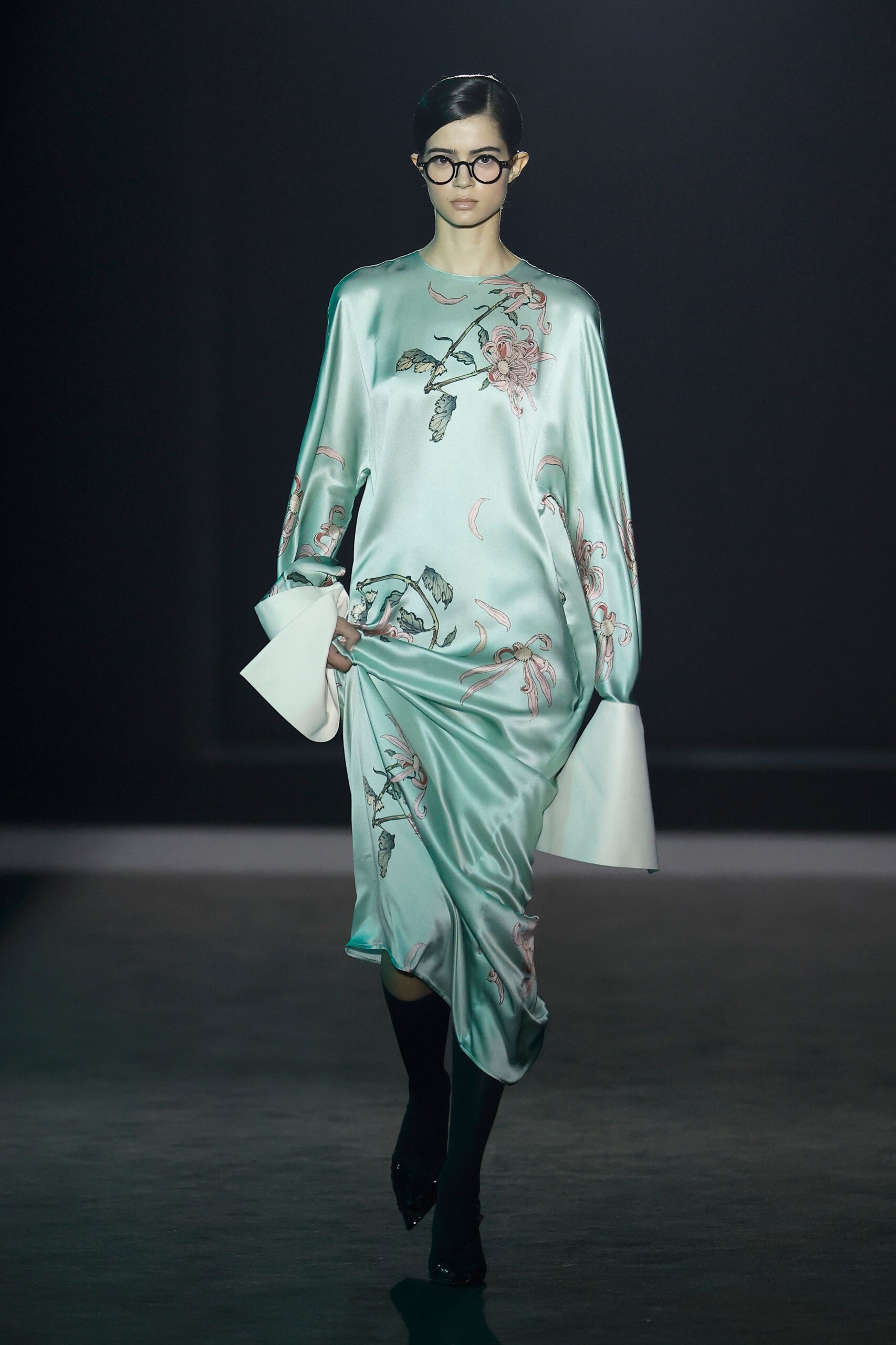 teal silk long-sleeve v-neck relaxed embroidered flowing dress