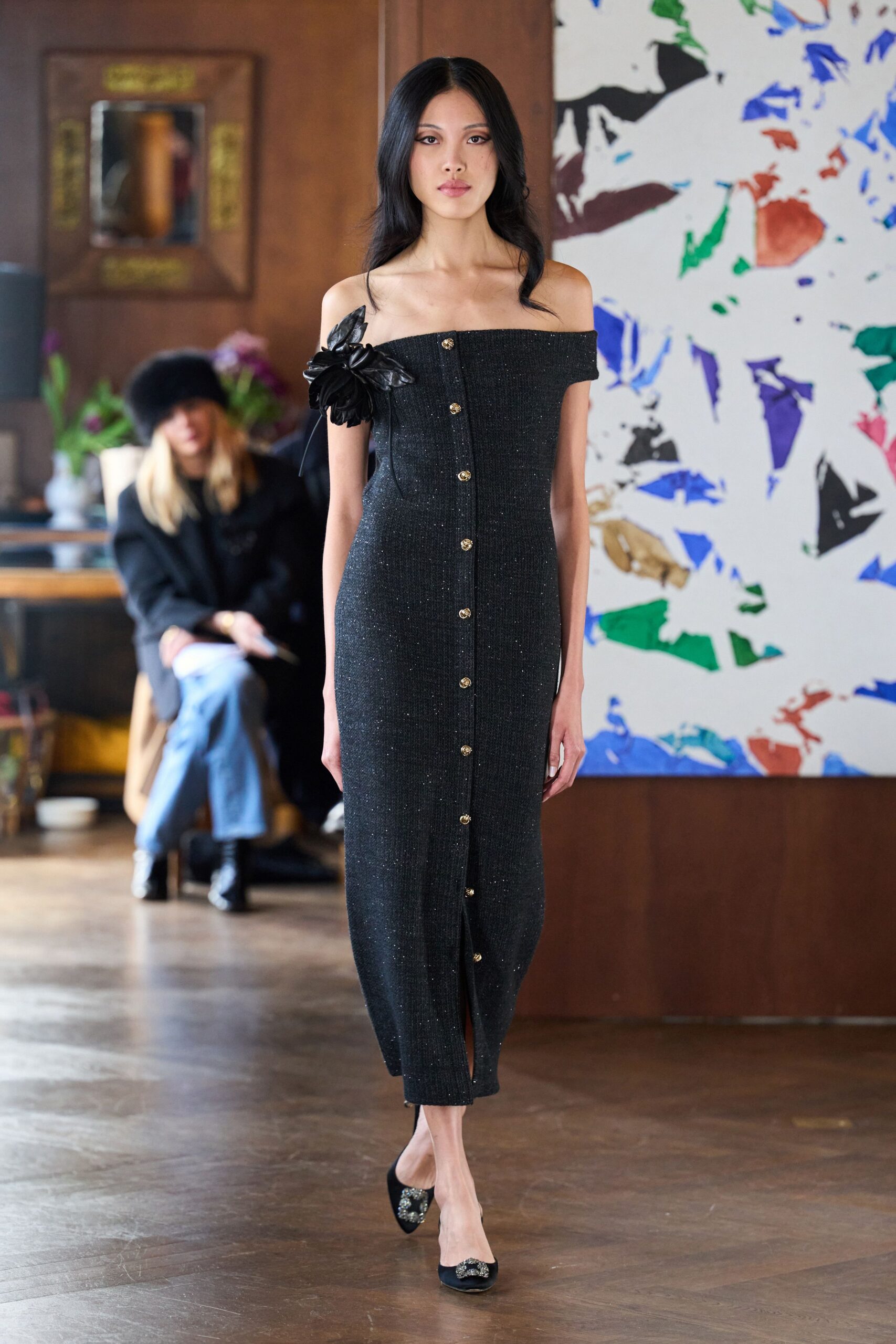black cotton off-shoulder short-sleeve fitted buttoned midi dress