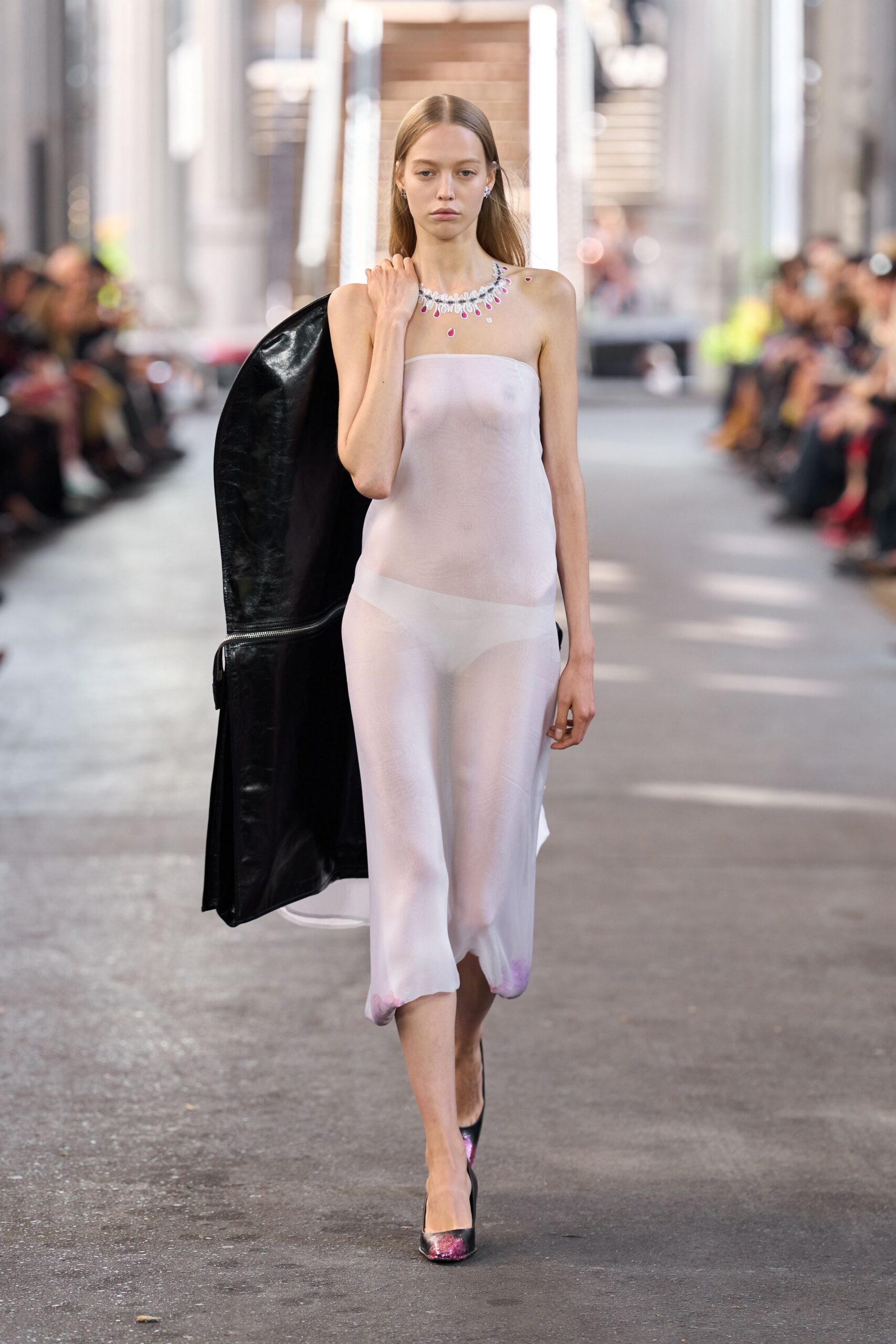 white silk strapless fitted sheer flowing midi dress