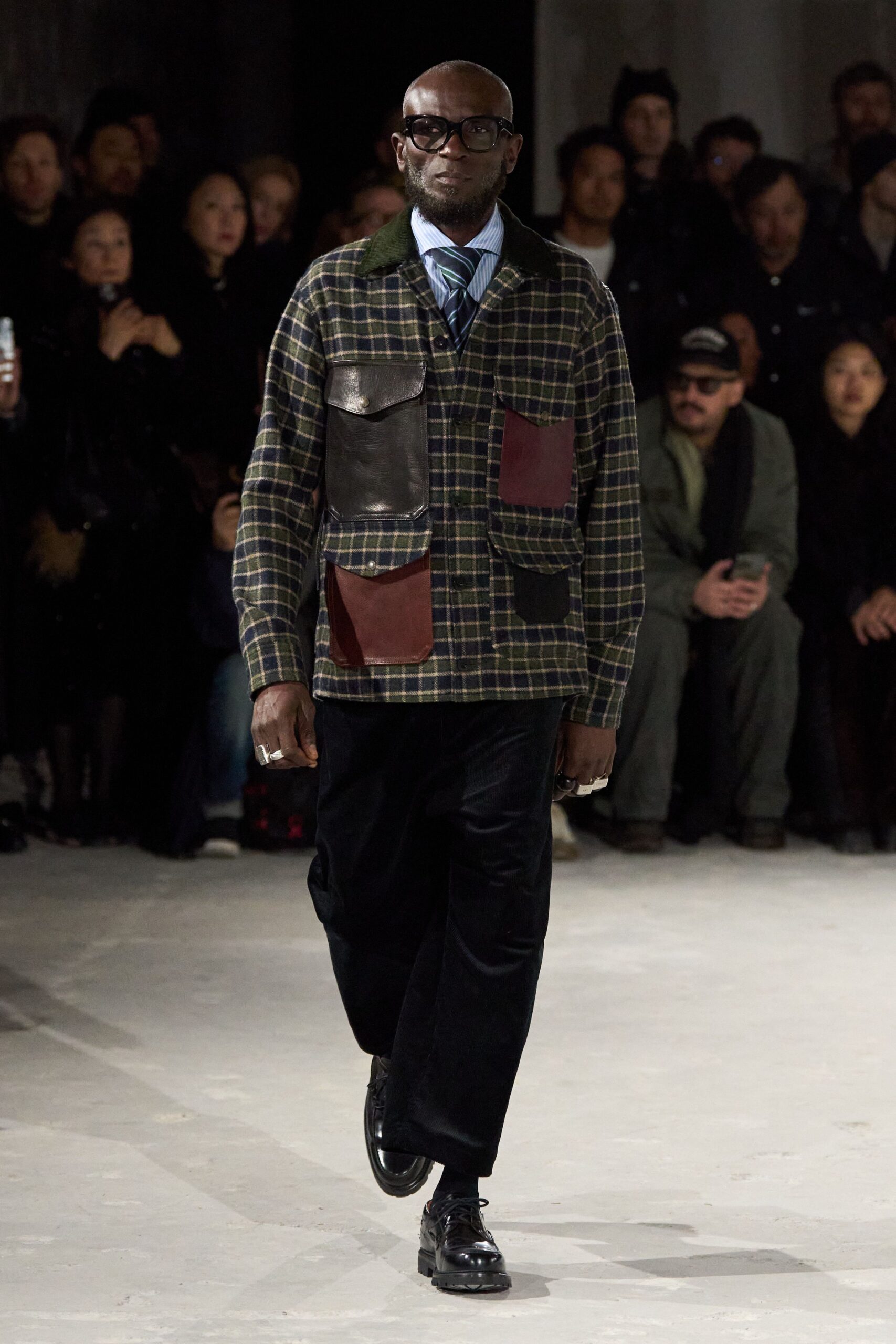 relaxed patchwork jacket with tailored pants