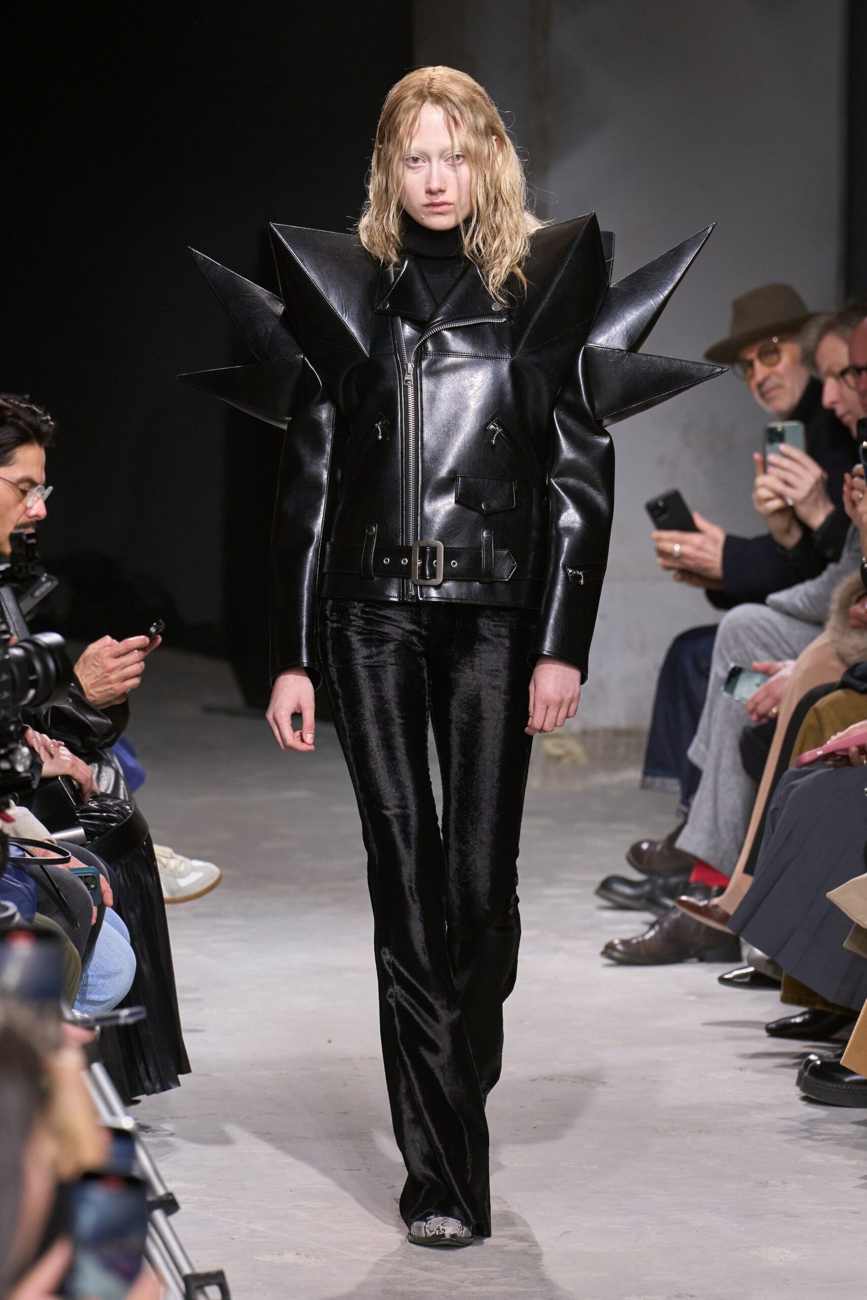 black leather padded jacket and velvet pants