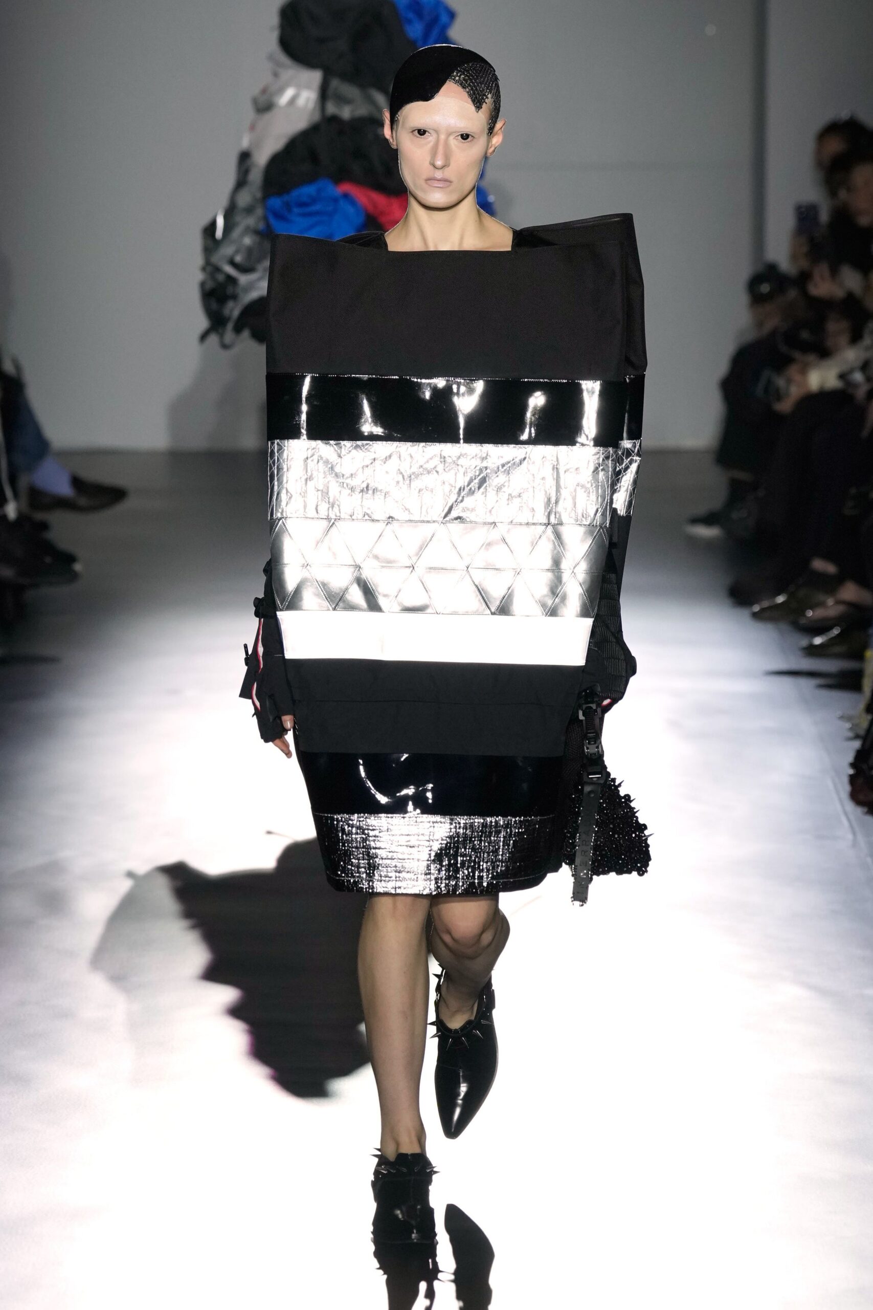 black vinyl sleeveless high-neck structured layered zippered dress