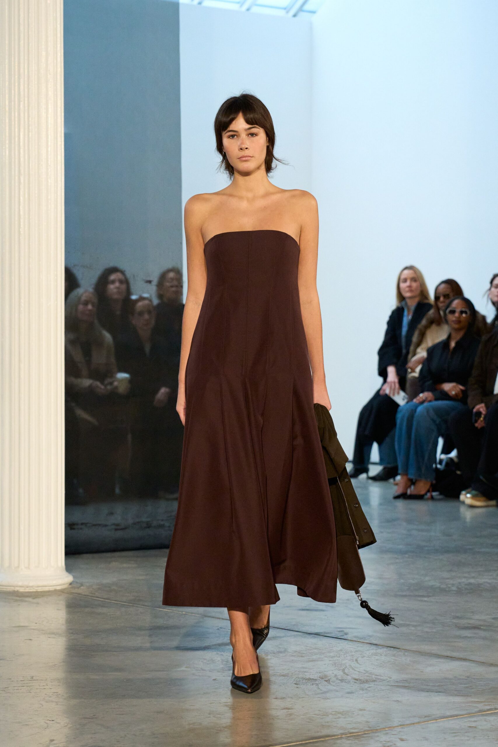 brown silk strapless fitted a-line midi dress