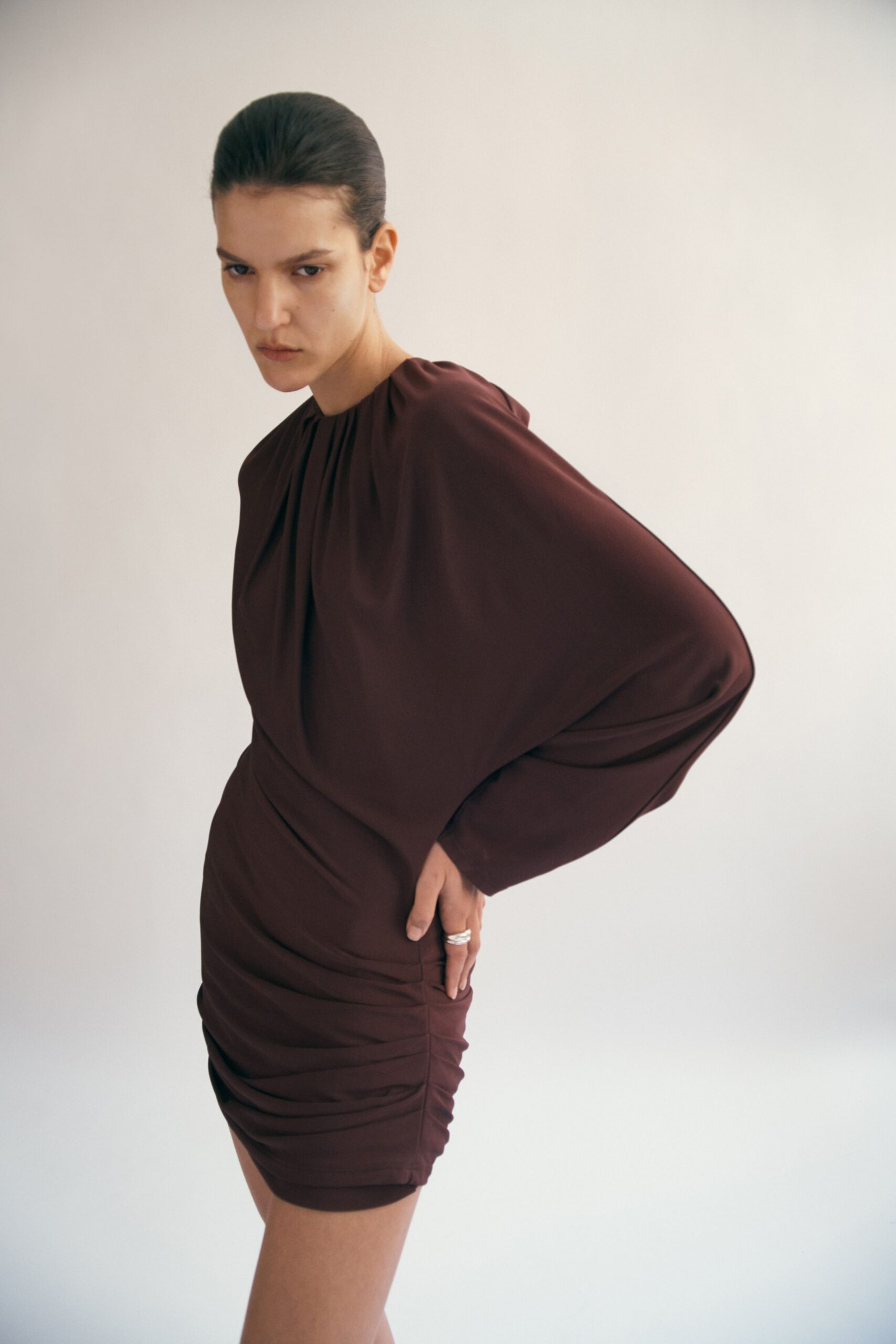 maroon silk long-sleeve mini dress