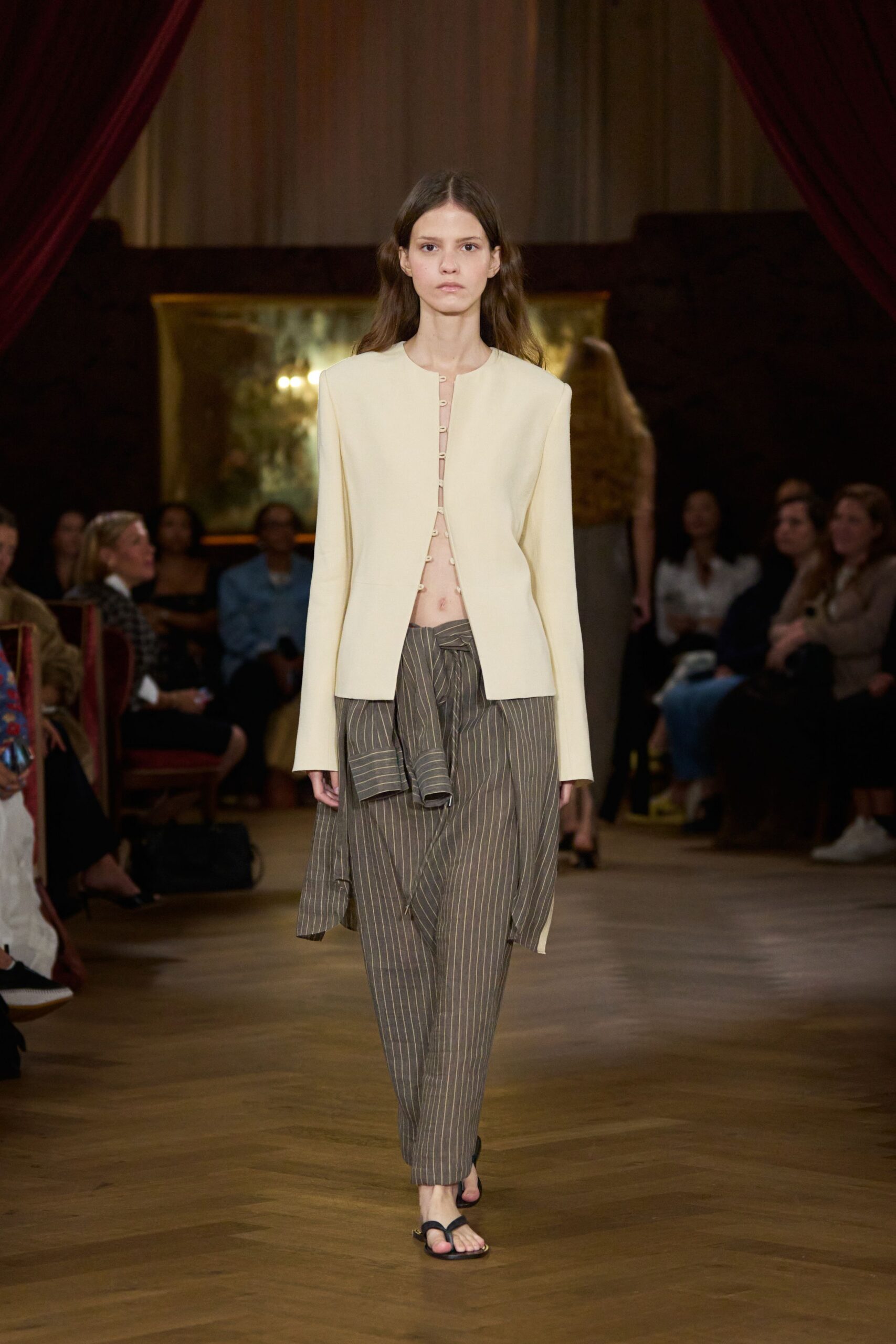 ivory jacket gray striped pants