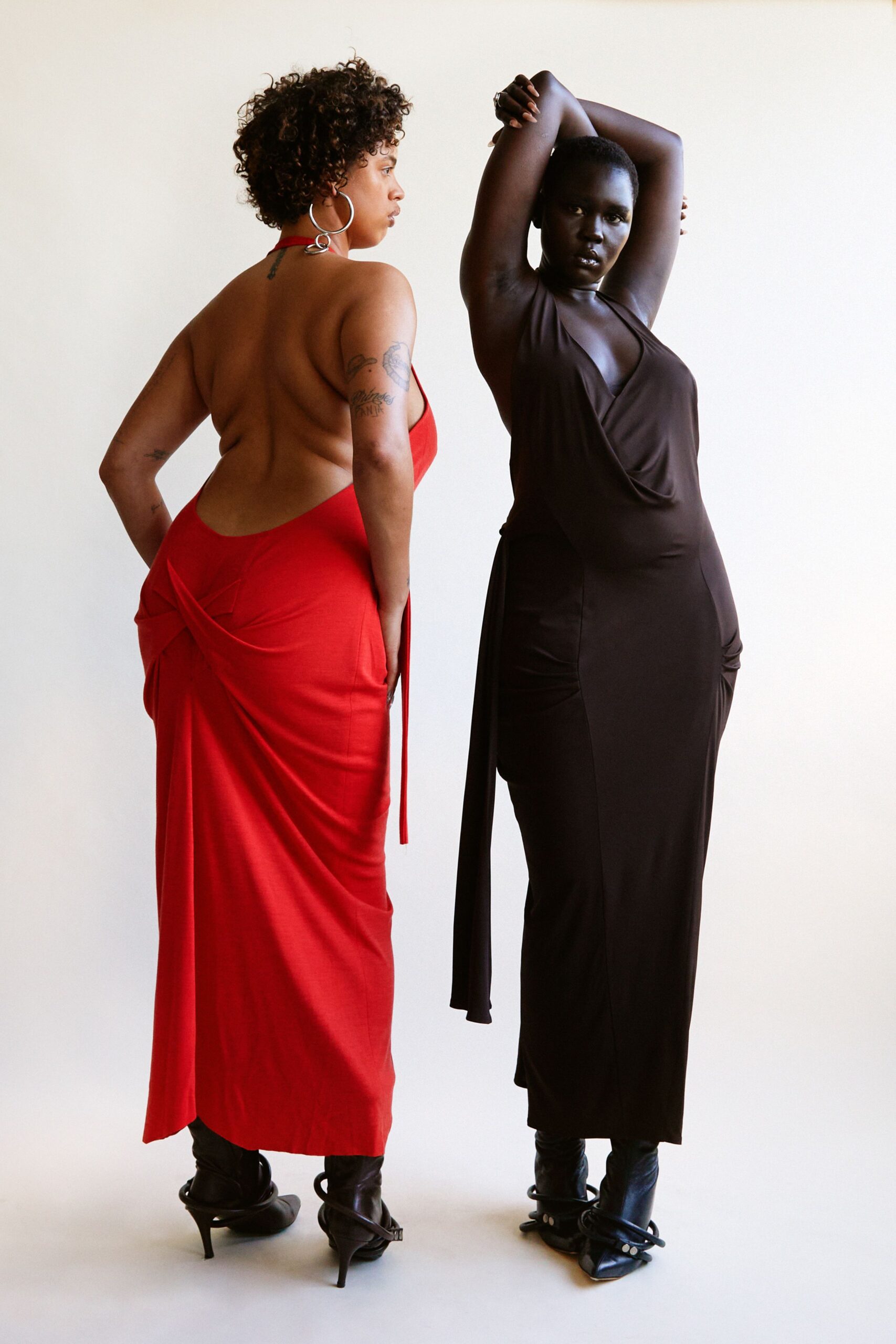 red cotton sleeveless backless fitted draped maxi gown