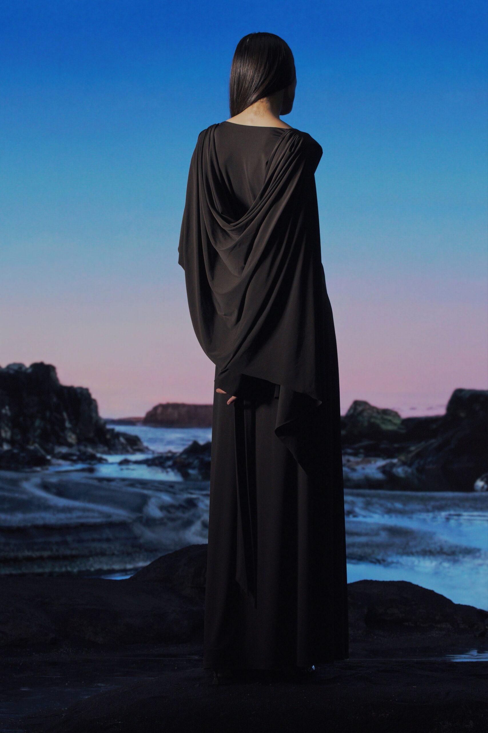 black silk sleeveless gown