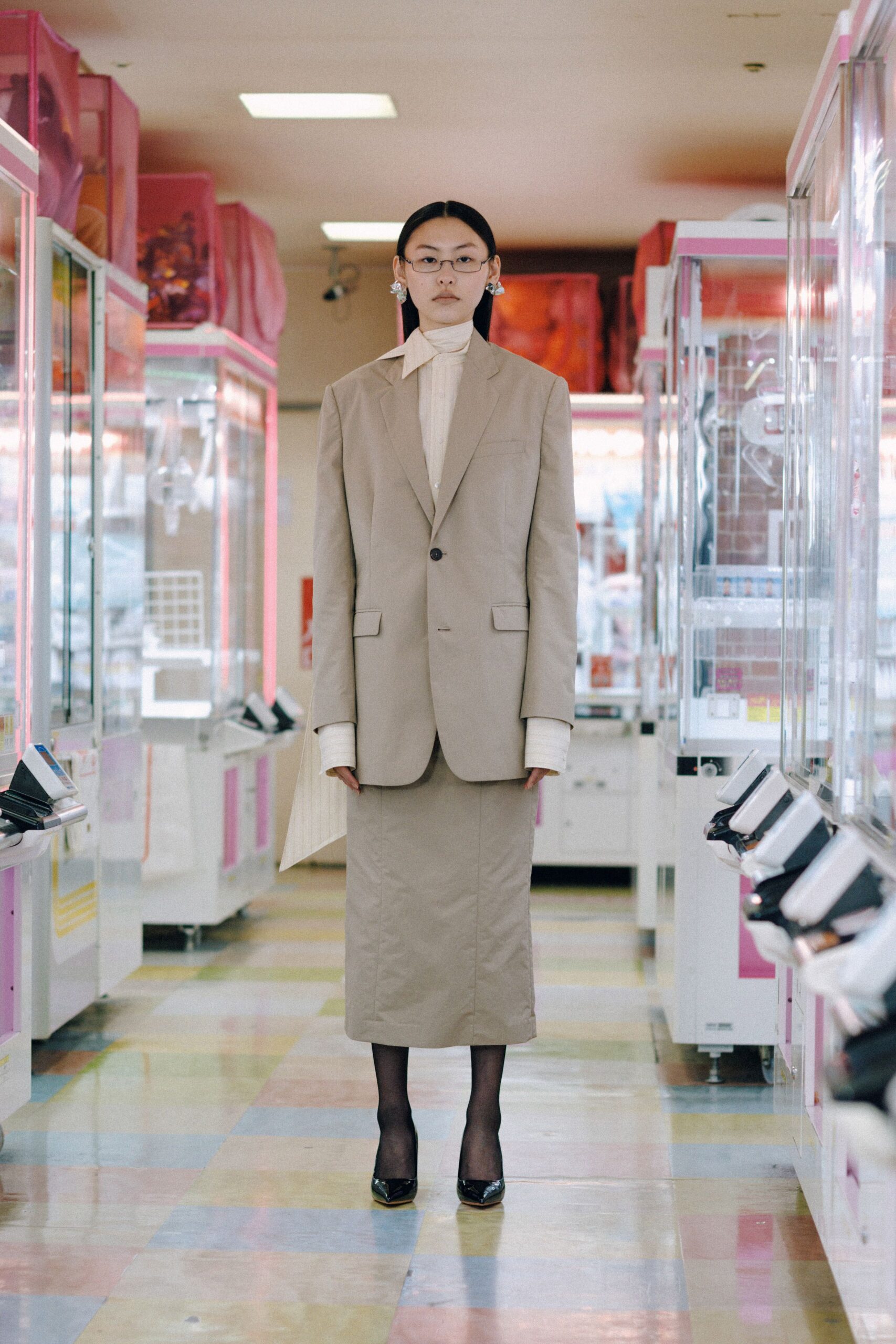 beige tailored blazer and pencil skirt