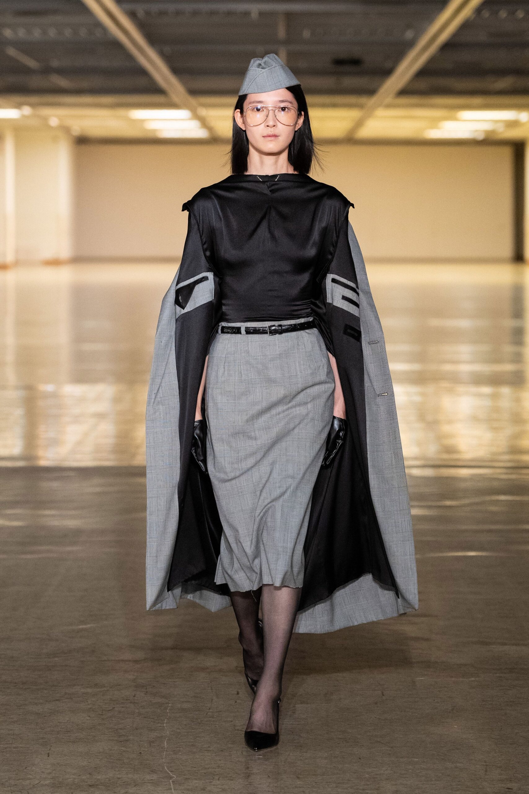 black wool long-sleeve structured layered cape