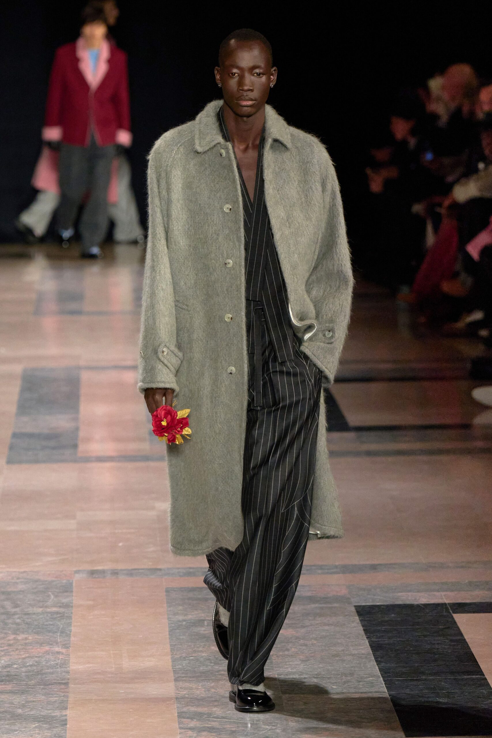 gray wool coat with black suit