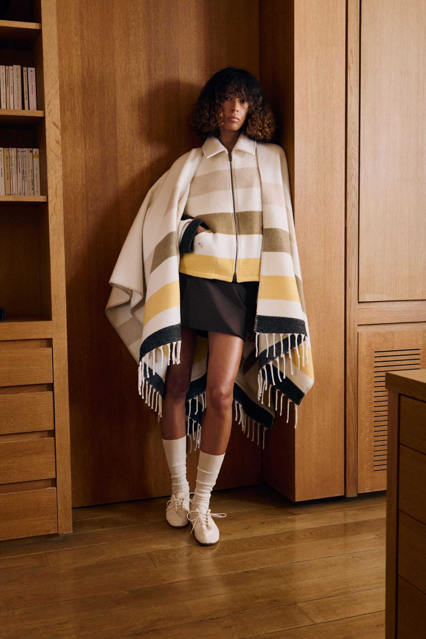 beige wool long-sleeve relaxed zippered striped poncho