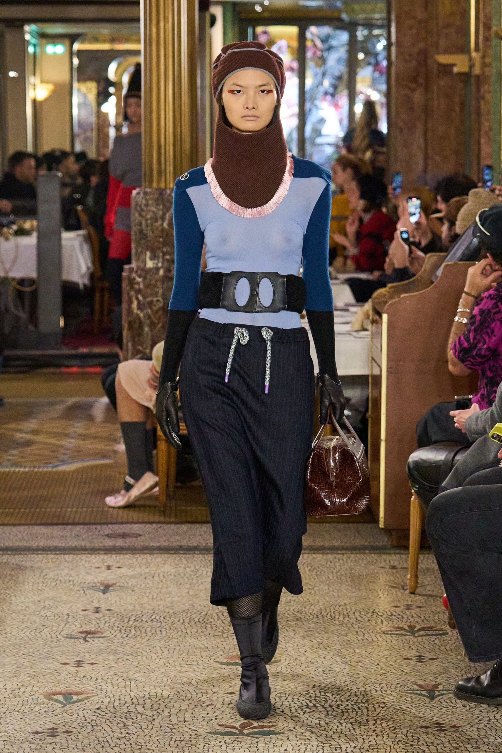 blue cotton long-sleeve high-neck fitted color-blocked top