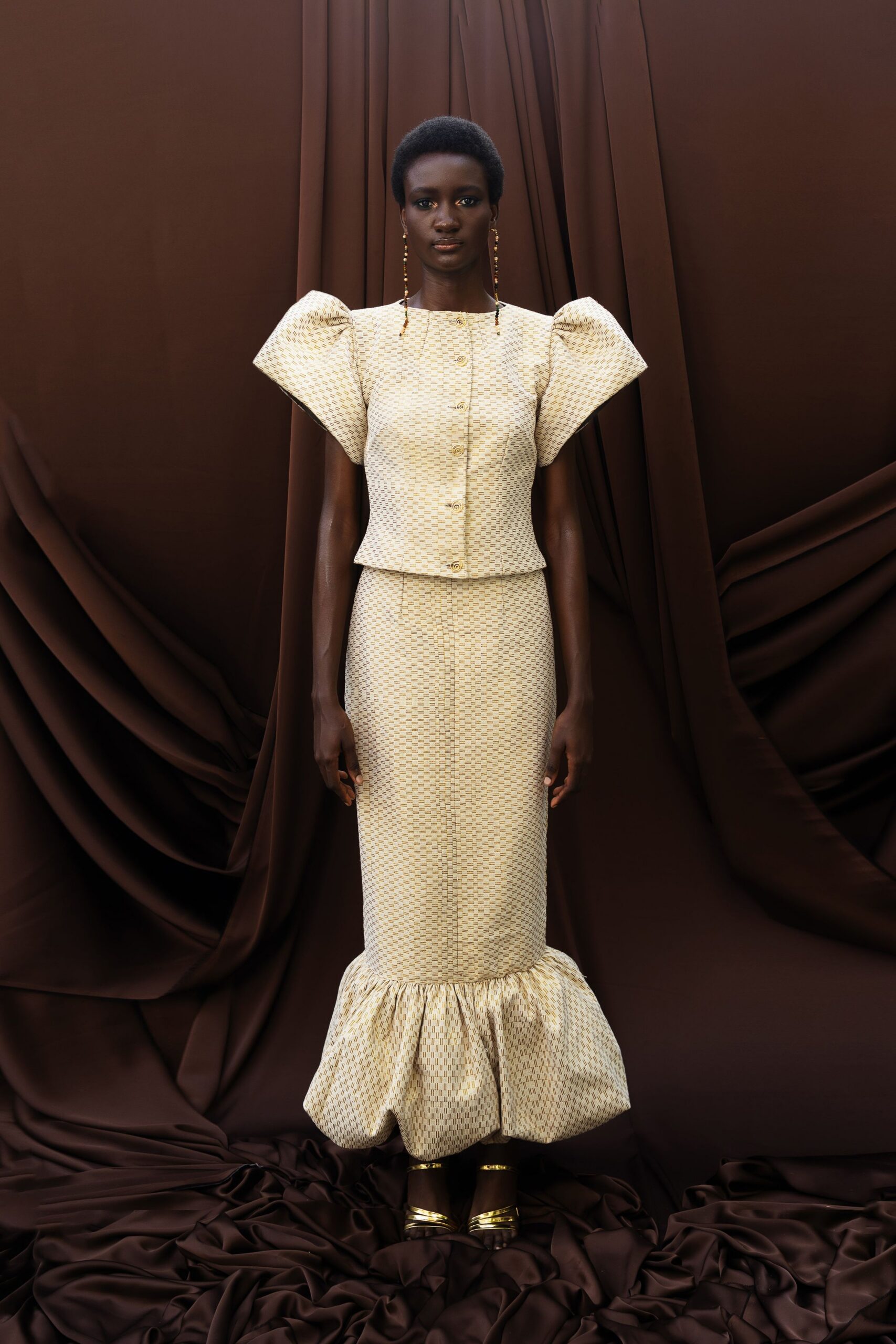 beige silk fitted flared midi skirt
