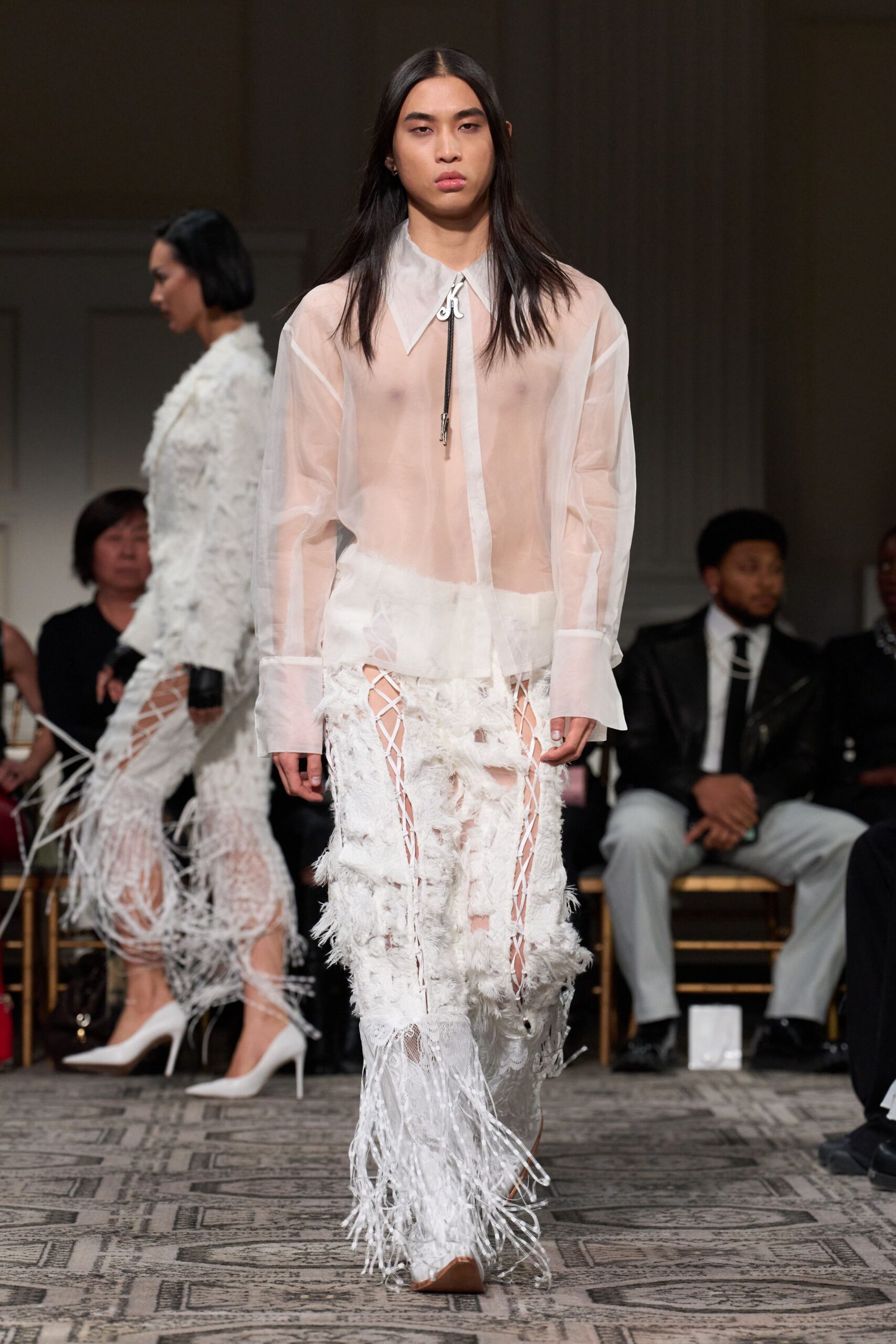 white cotton long-sleeve collared relaxed buttoned sheer shirt