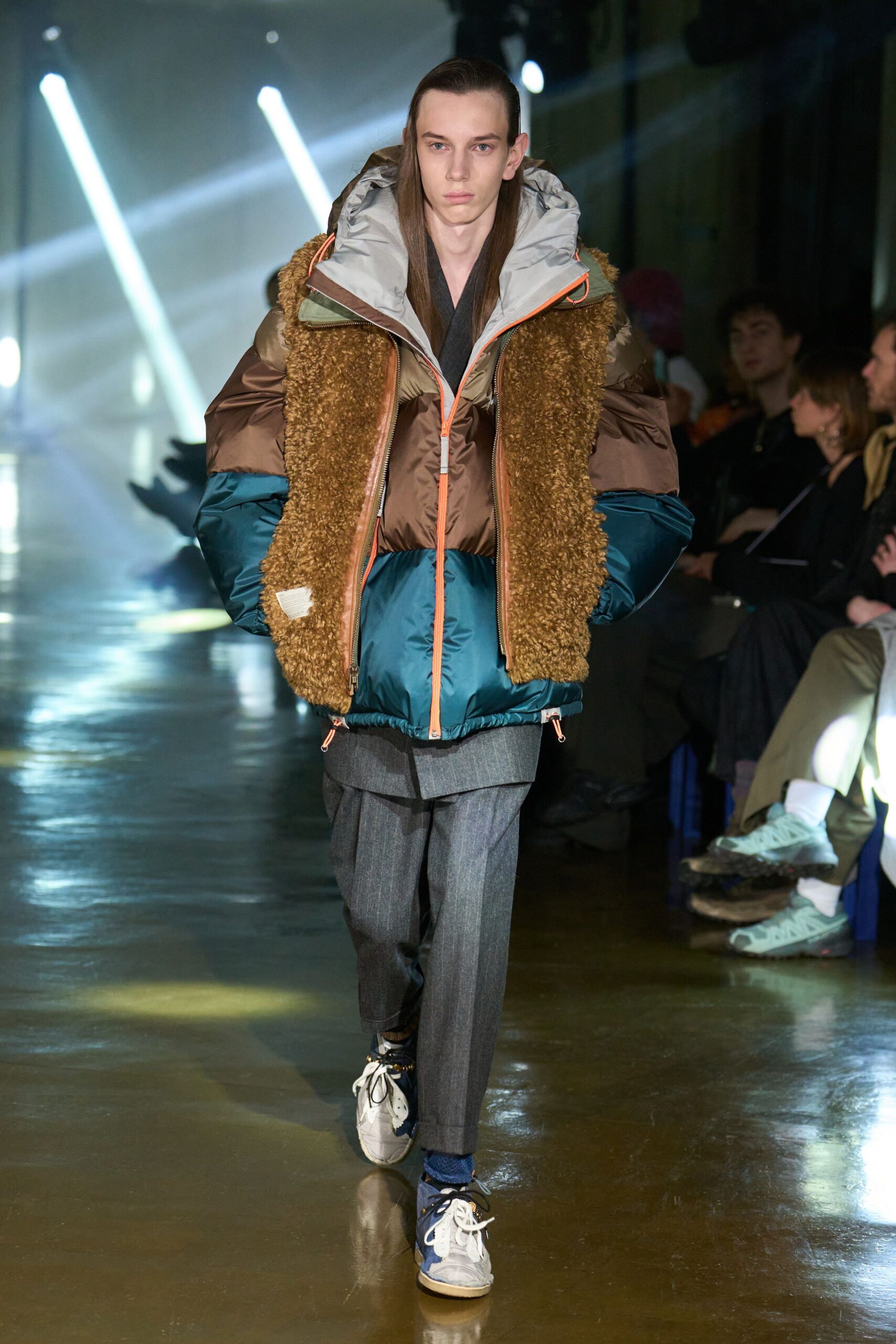 oversized brown teal coat with tailored gray pants