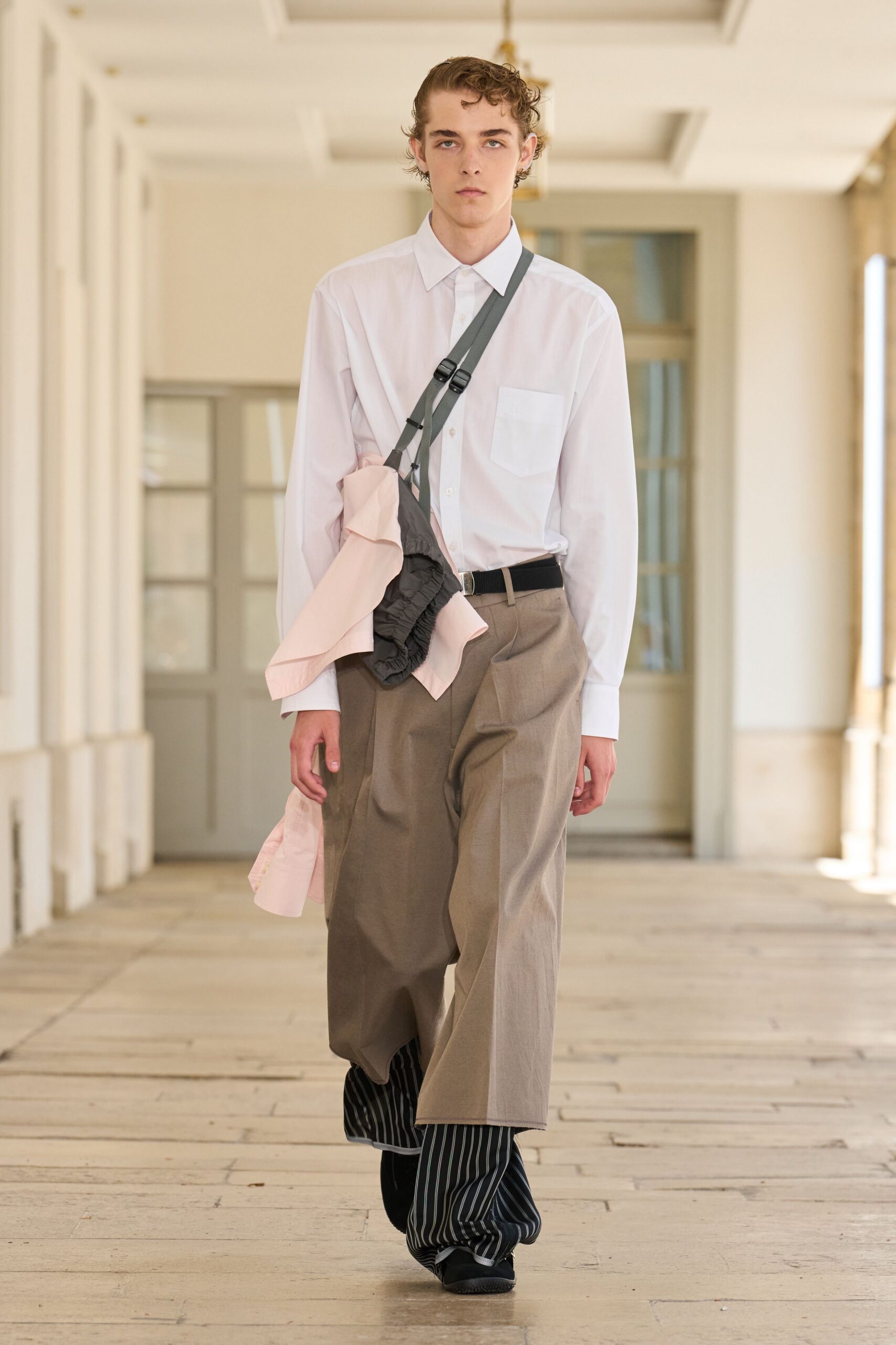 white shirt beige striped pants