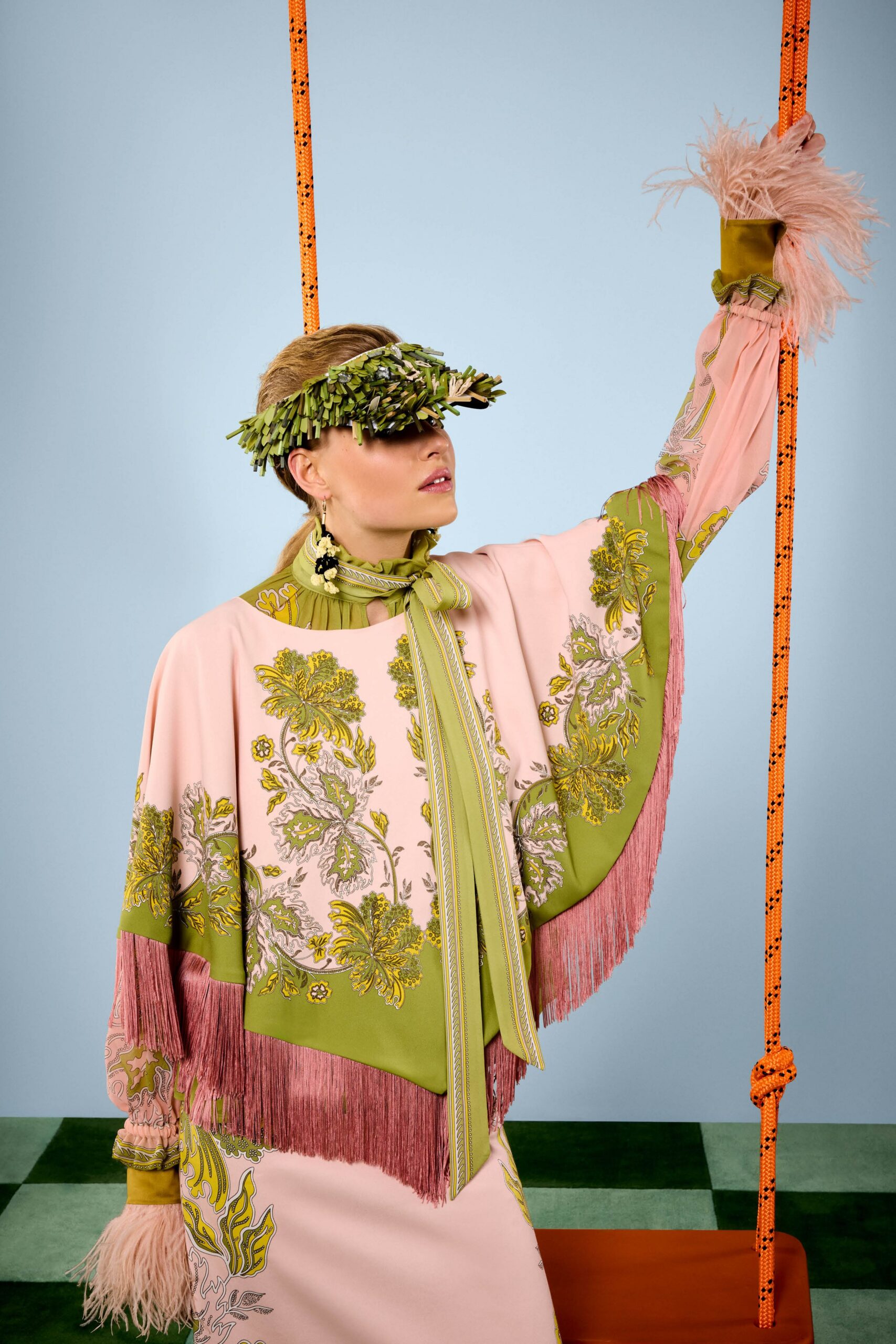 pink silk long-sleeve fitted embroidered fringed maxi dress
