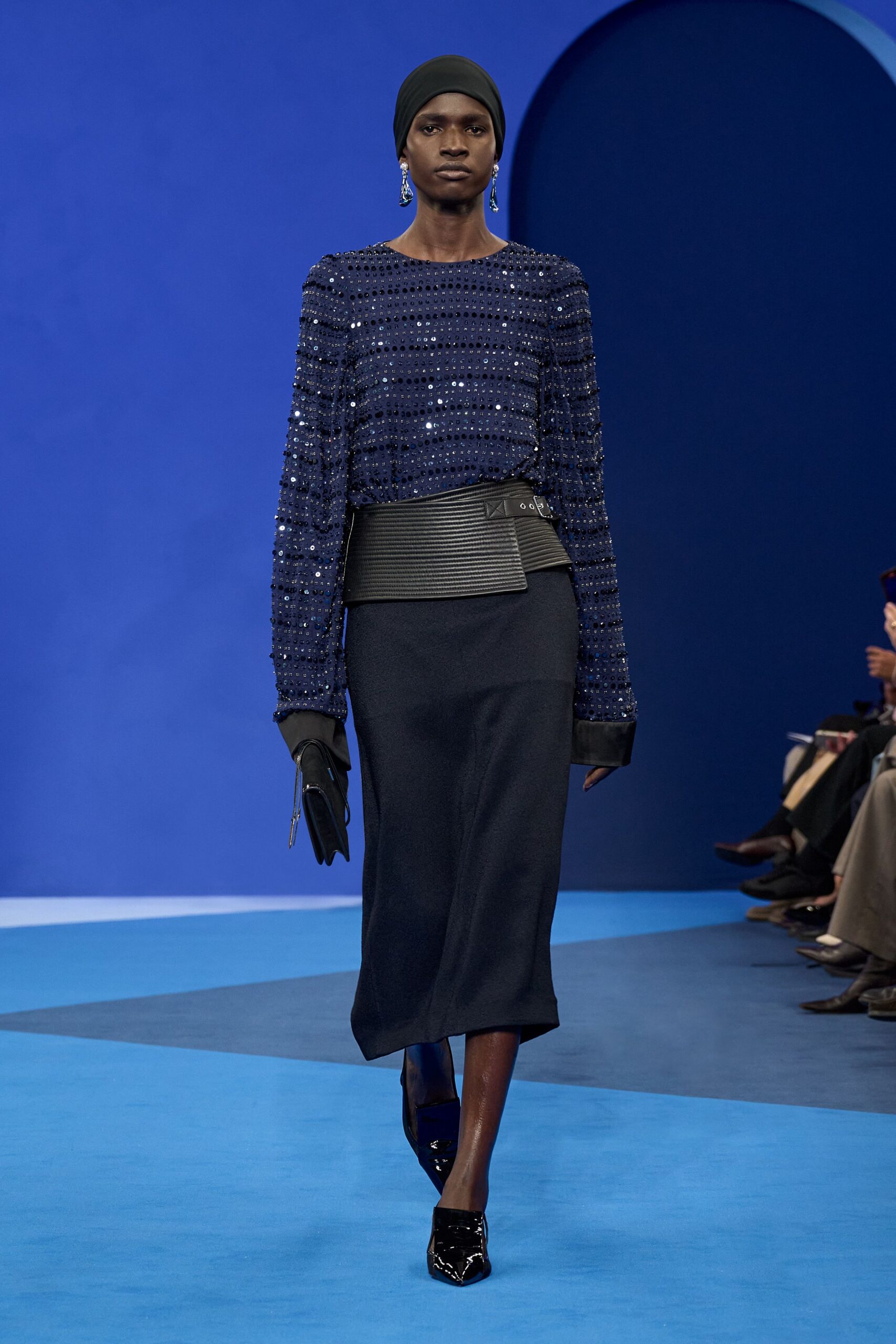 blue silk long-sleeve collared fitted beaded top