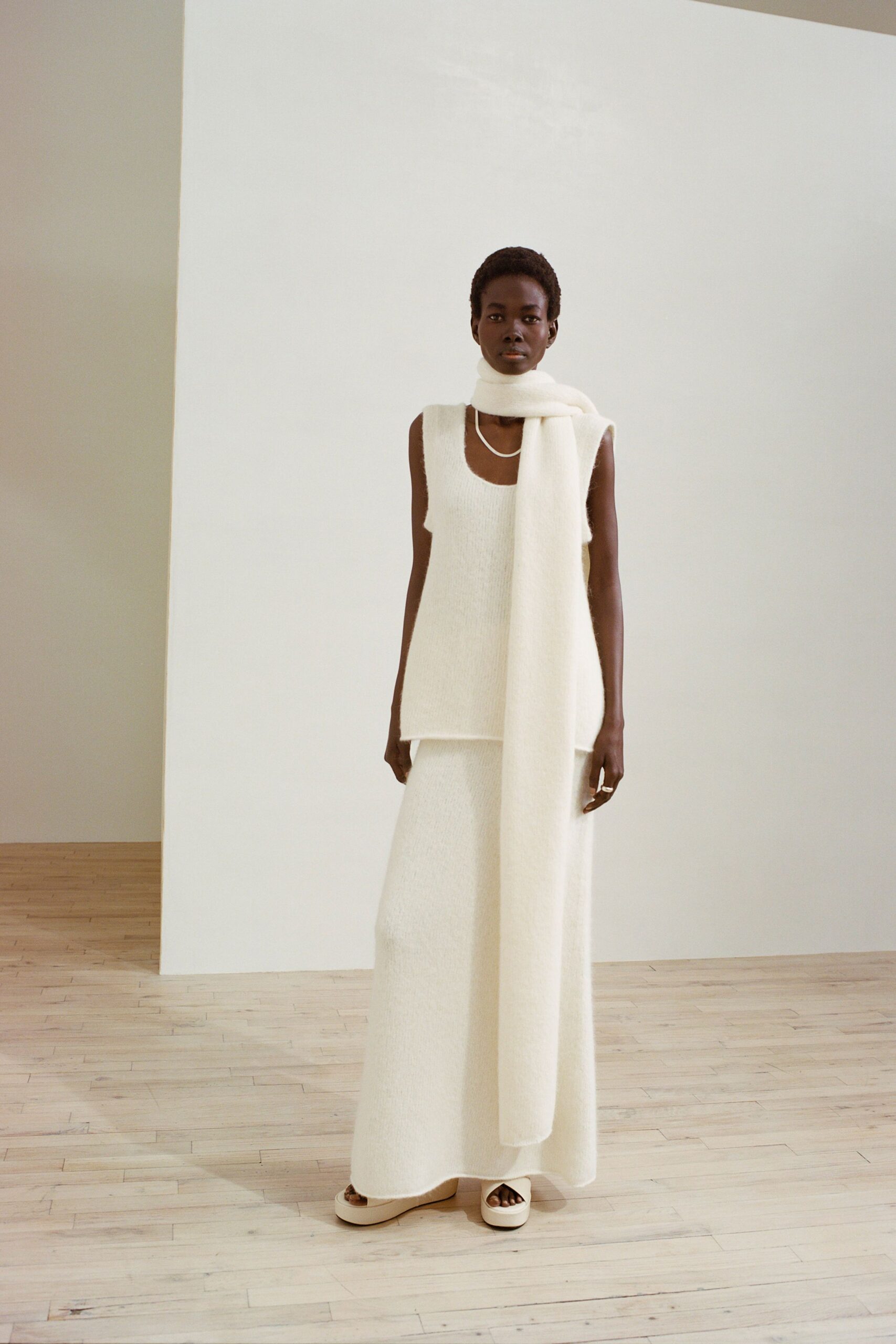white wool top and skirt